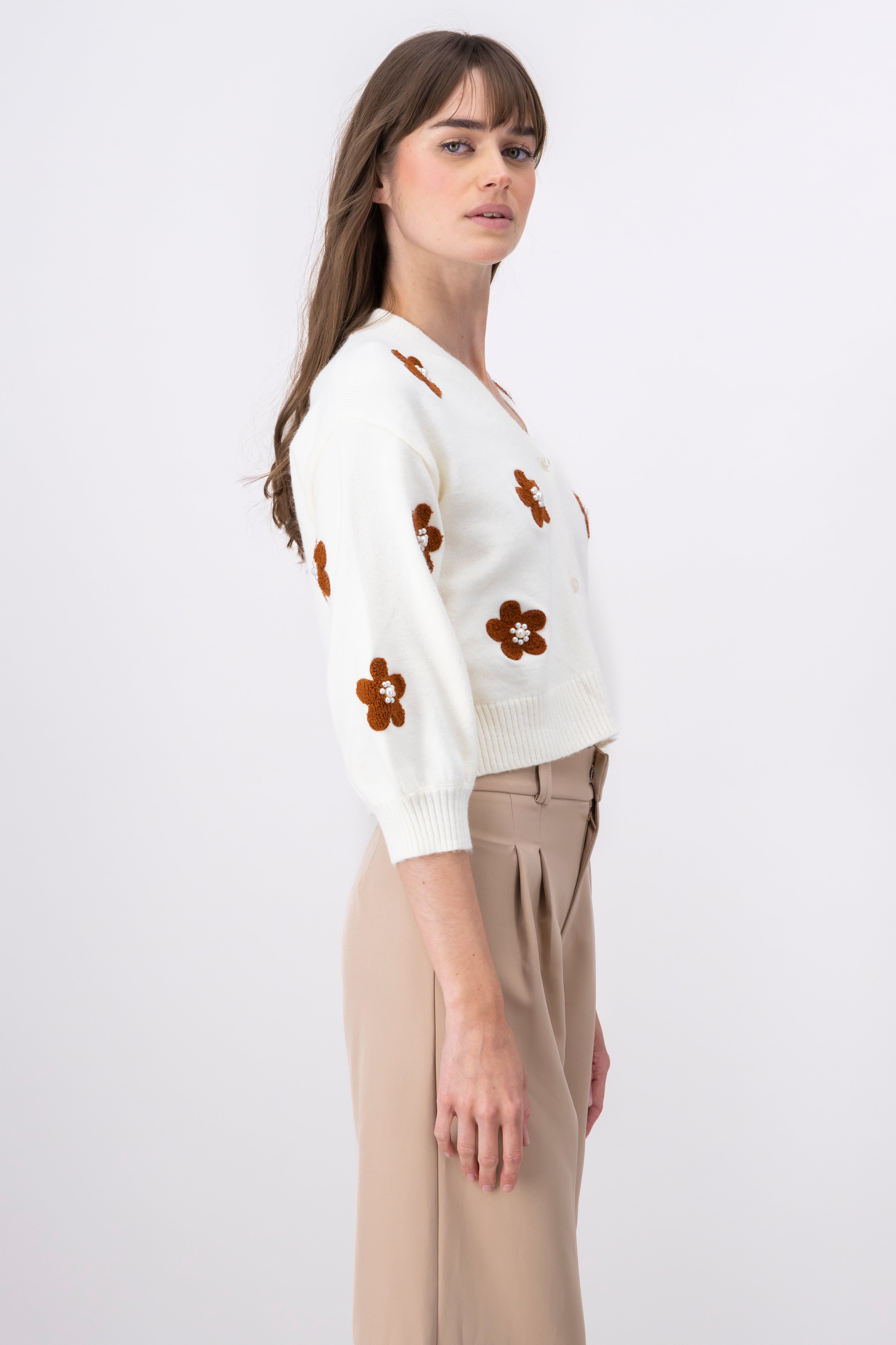 Pearl Floral Cardigan BROWN