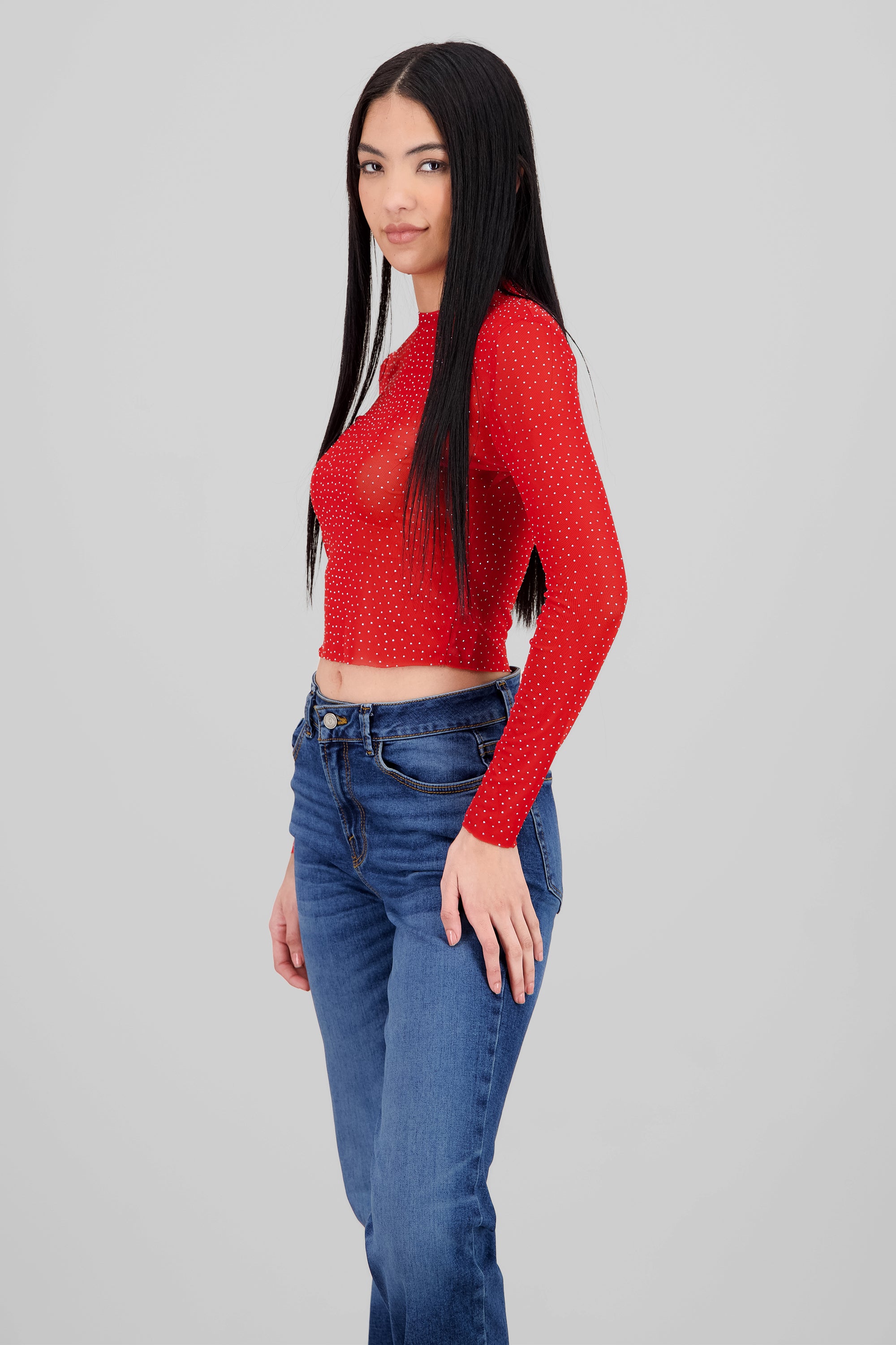 Long sleeved rhinestone top RED