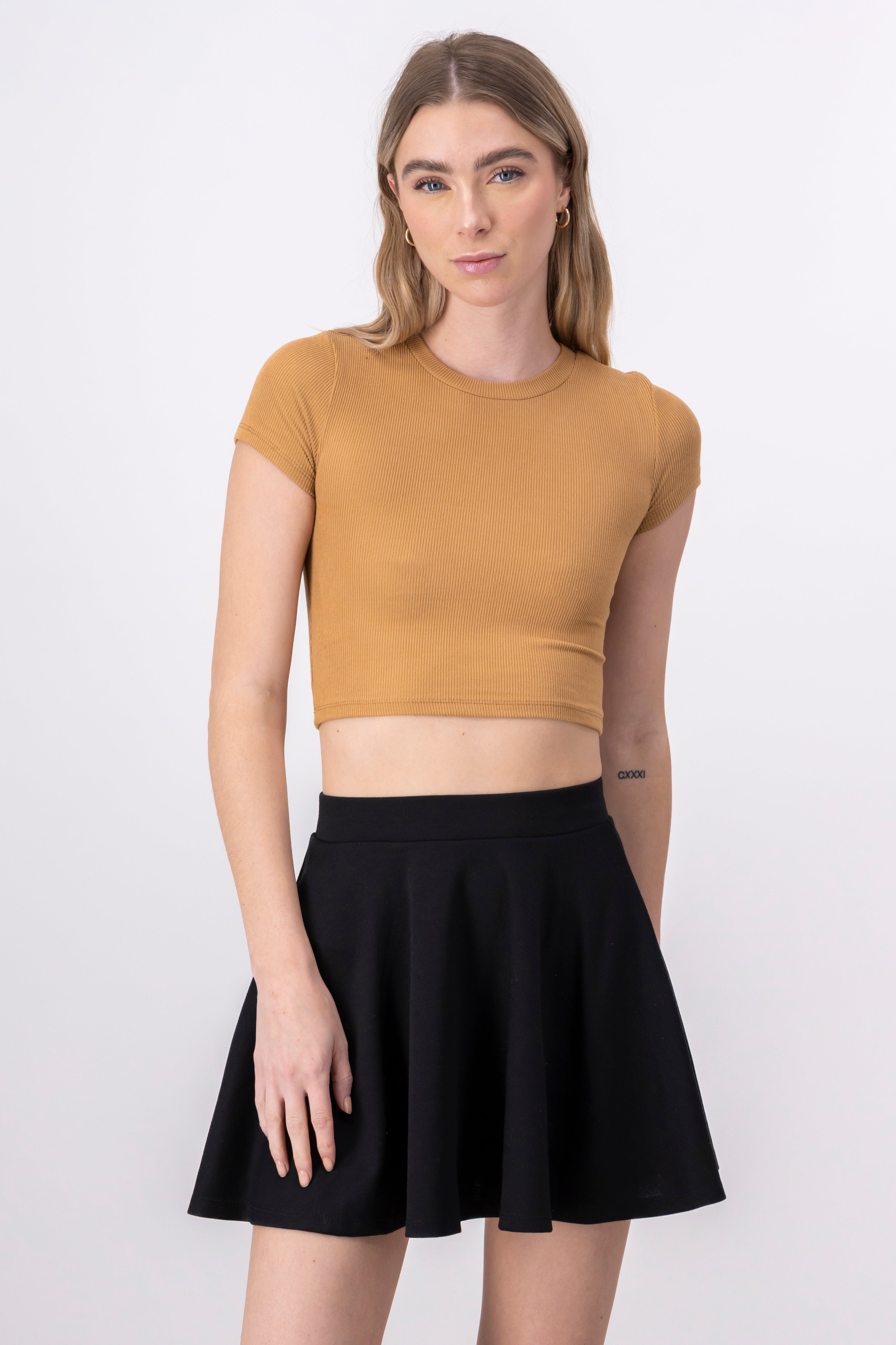 Short Sleeve Ribbed Crop Top KHAKI