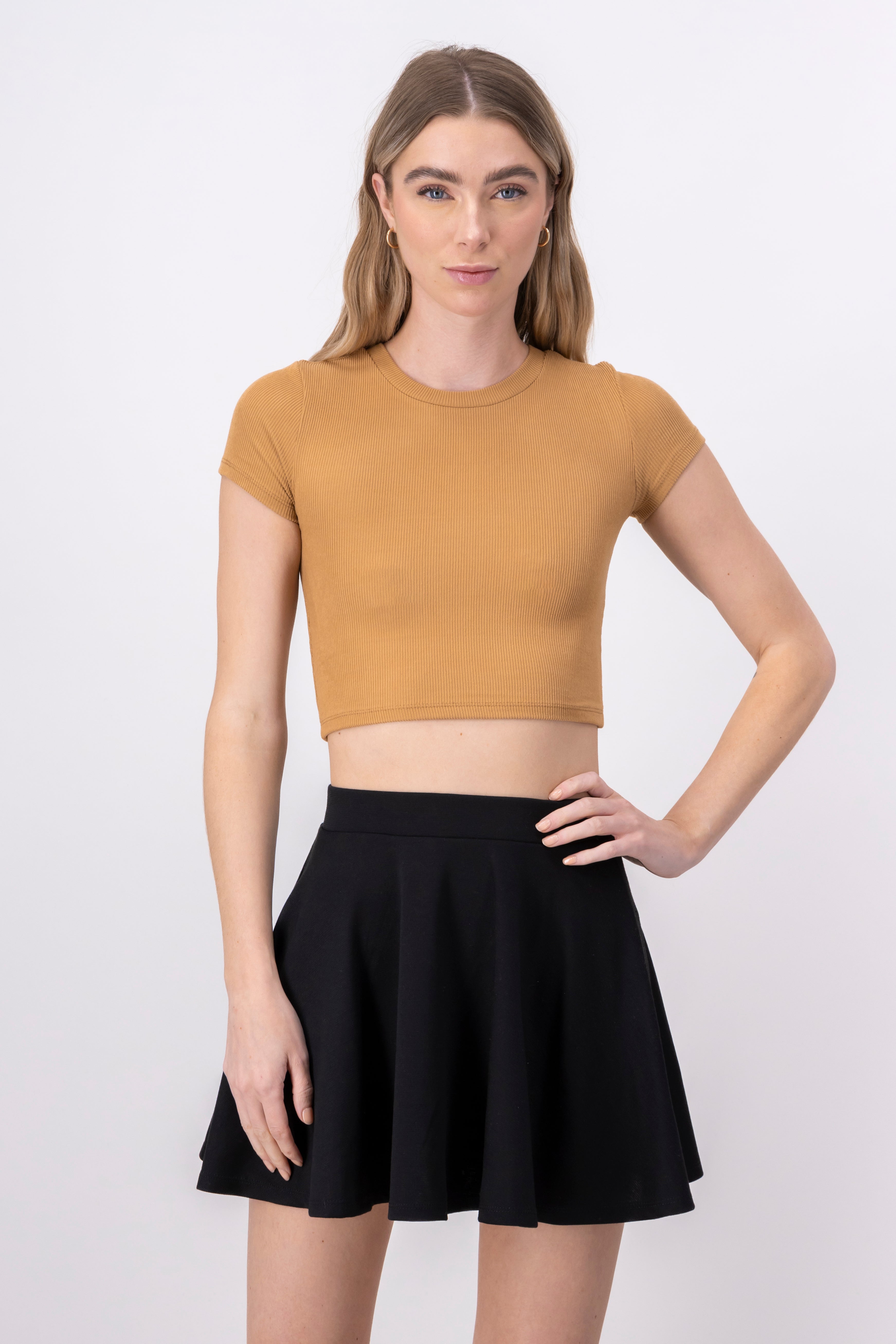 Short Sleeve Ribbed Crop Top KHAKI