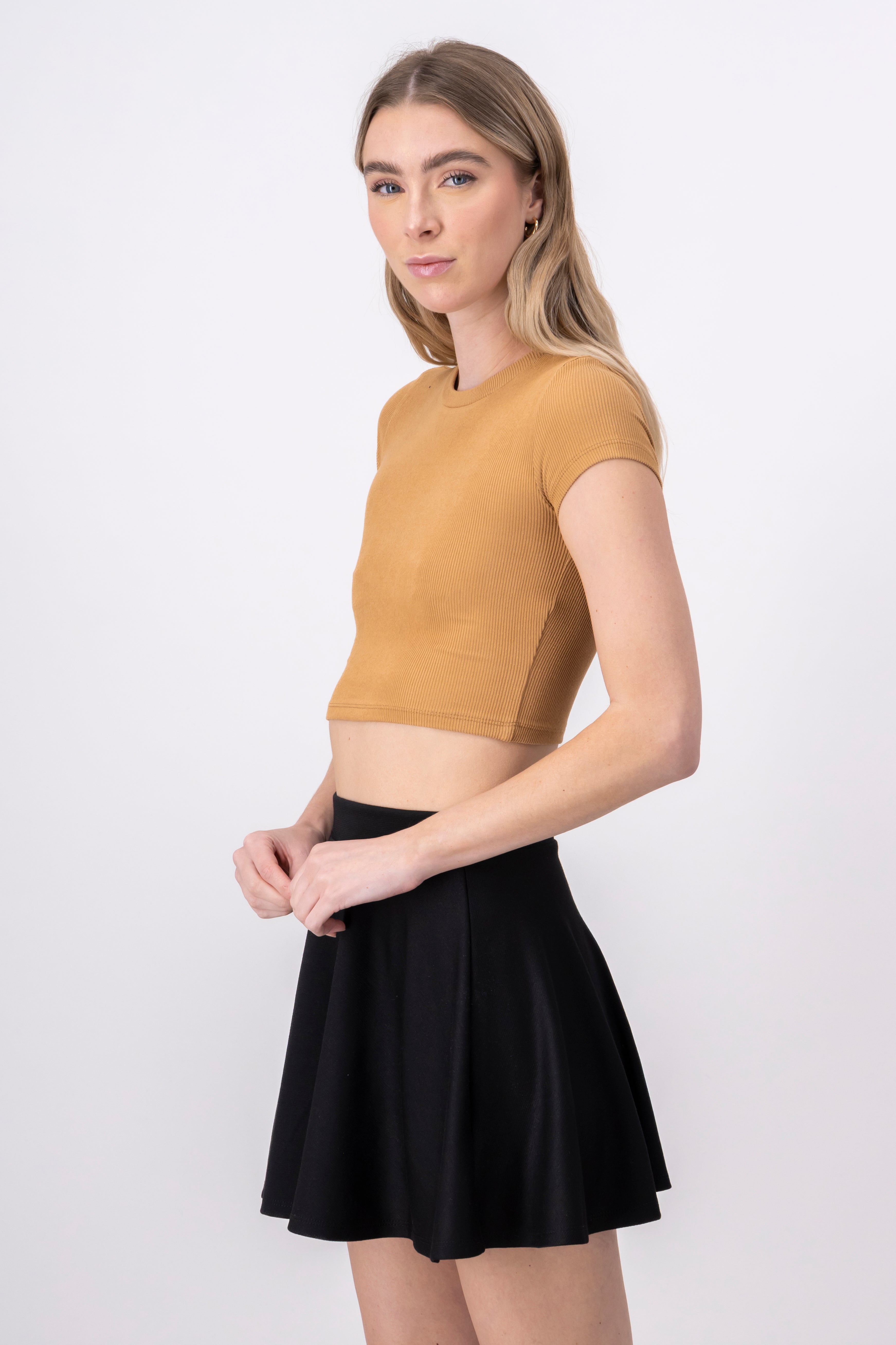 Short Sleeve Ribbed Crop Top KHAKI