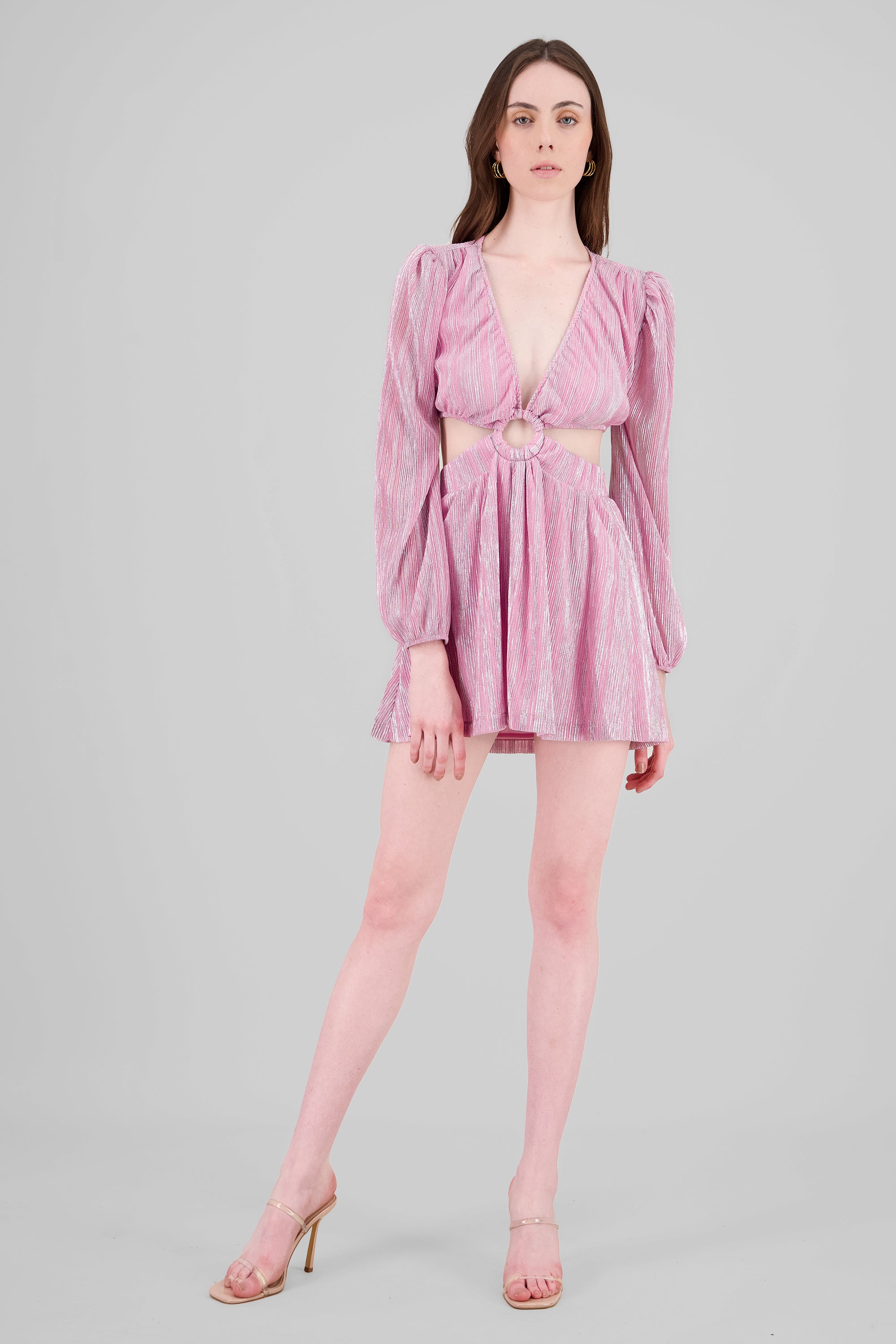 Shiny Long Sleeve CutOut Dress PASTEL PINK