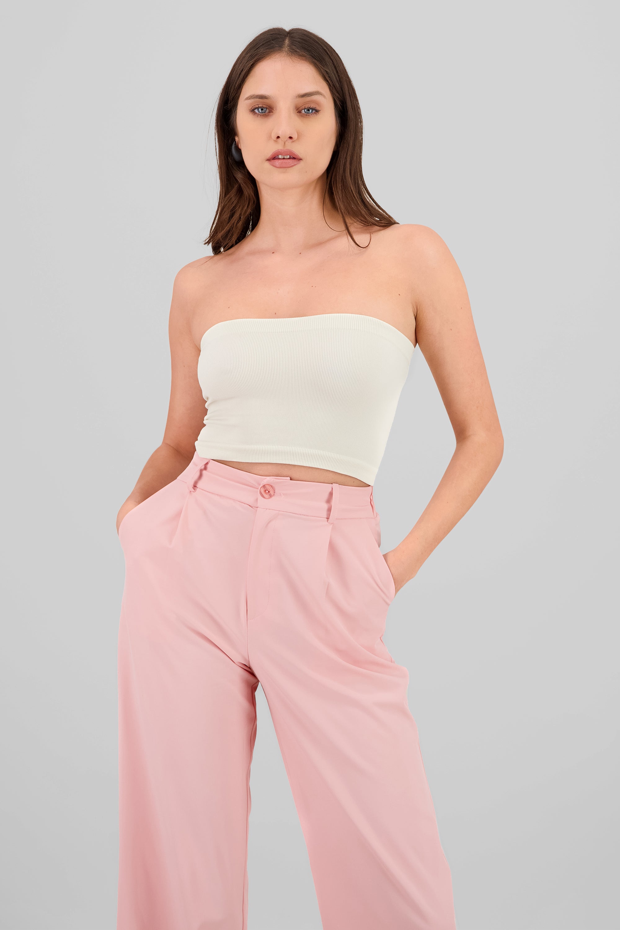 Strapless ribbed tube top BEIGE