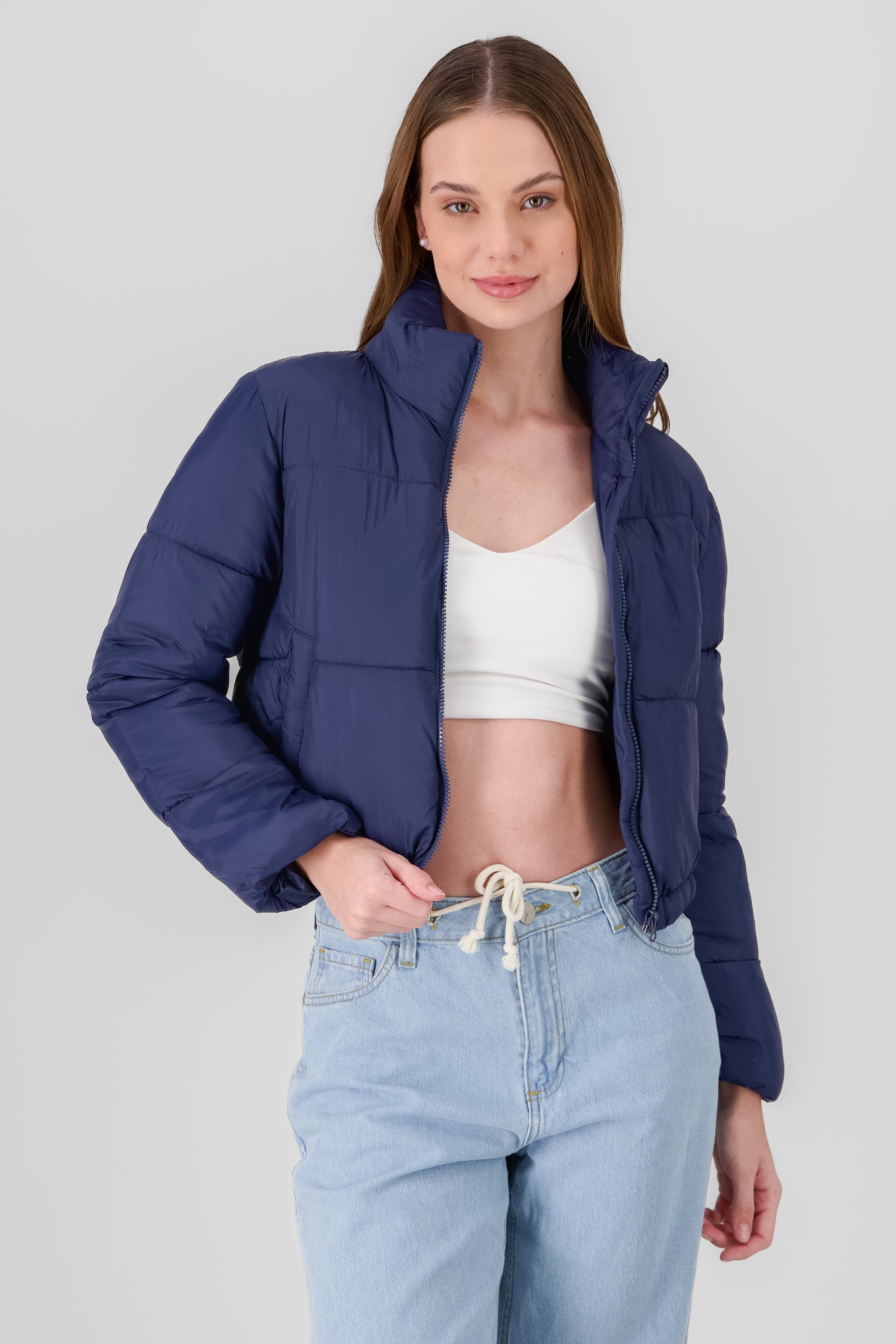 High Neck Cropped Puffer Jacket NAVY