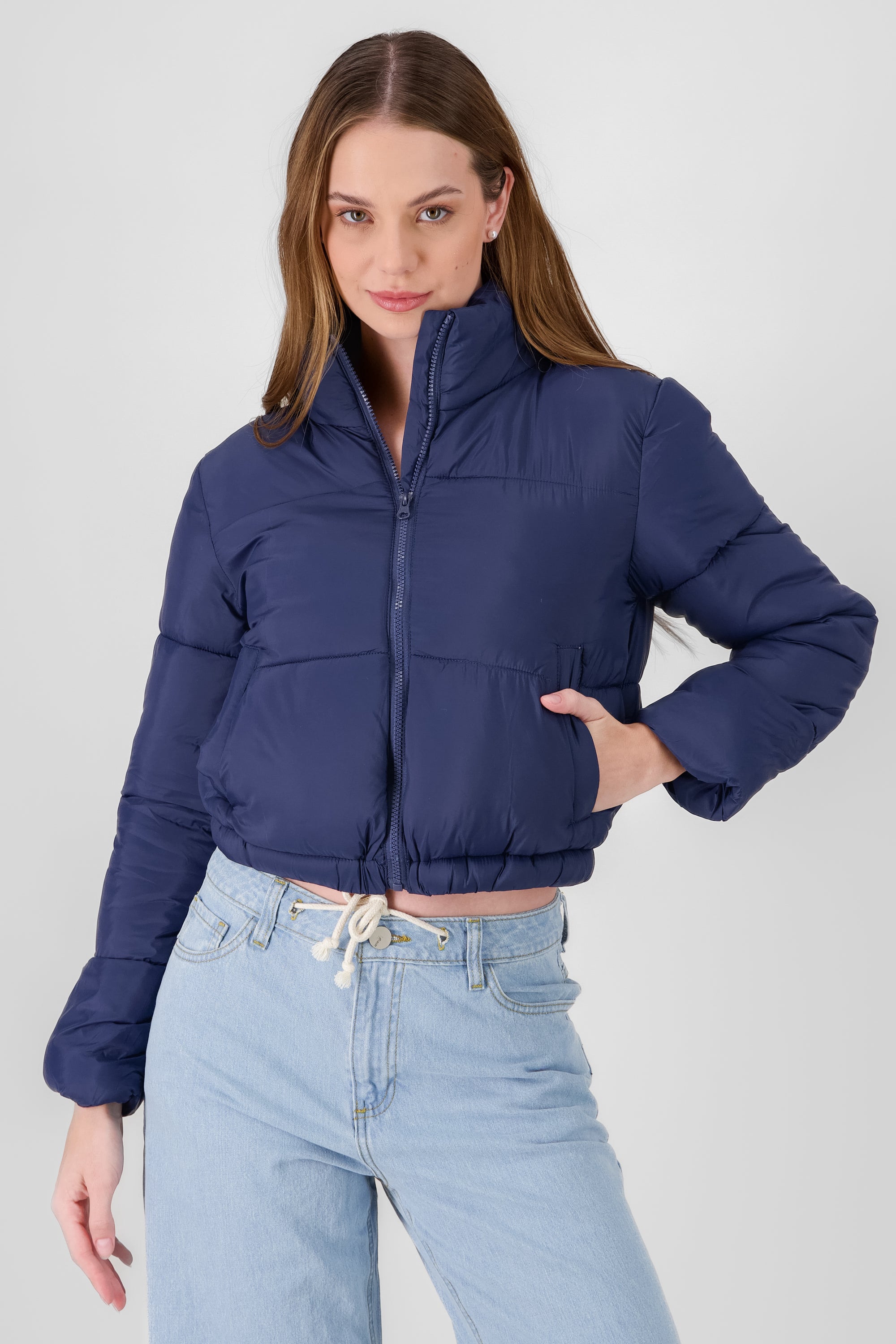 High Neck Cropped Puffer Jacket NAVY