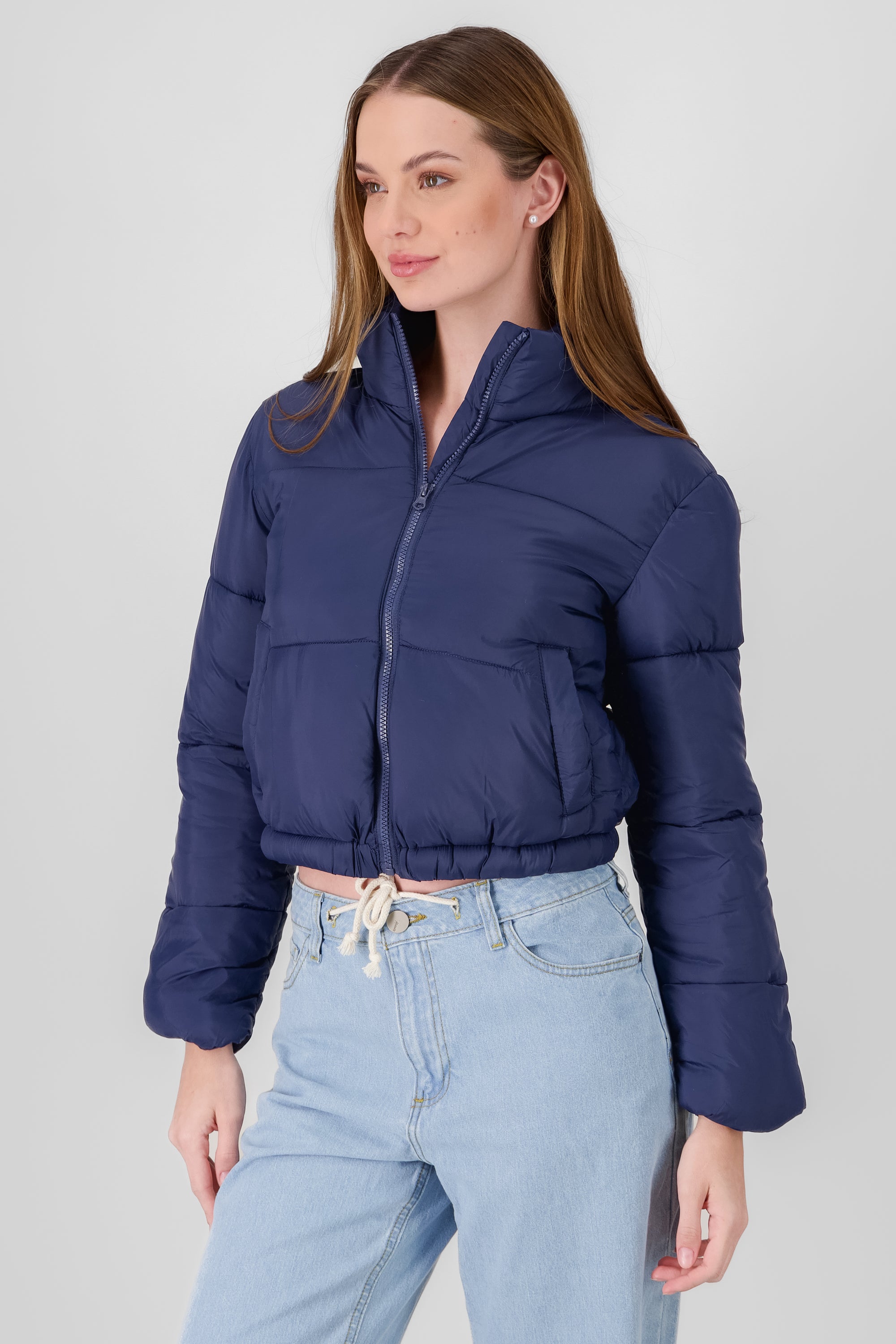 High Neck Cropped Puffer Jacket NAVY