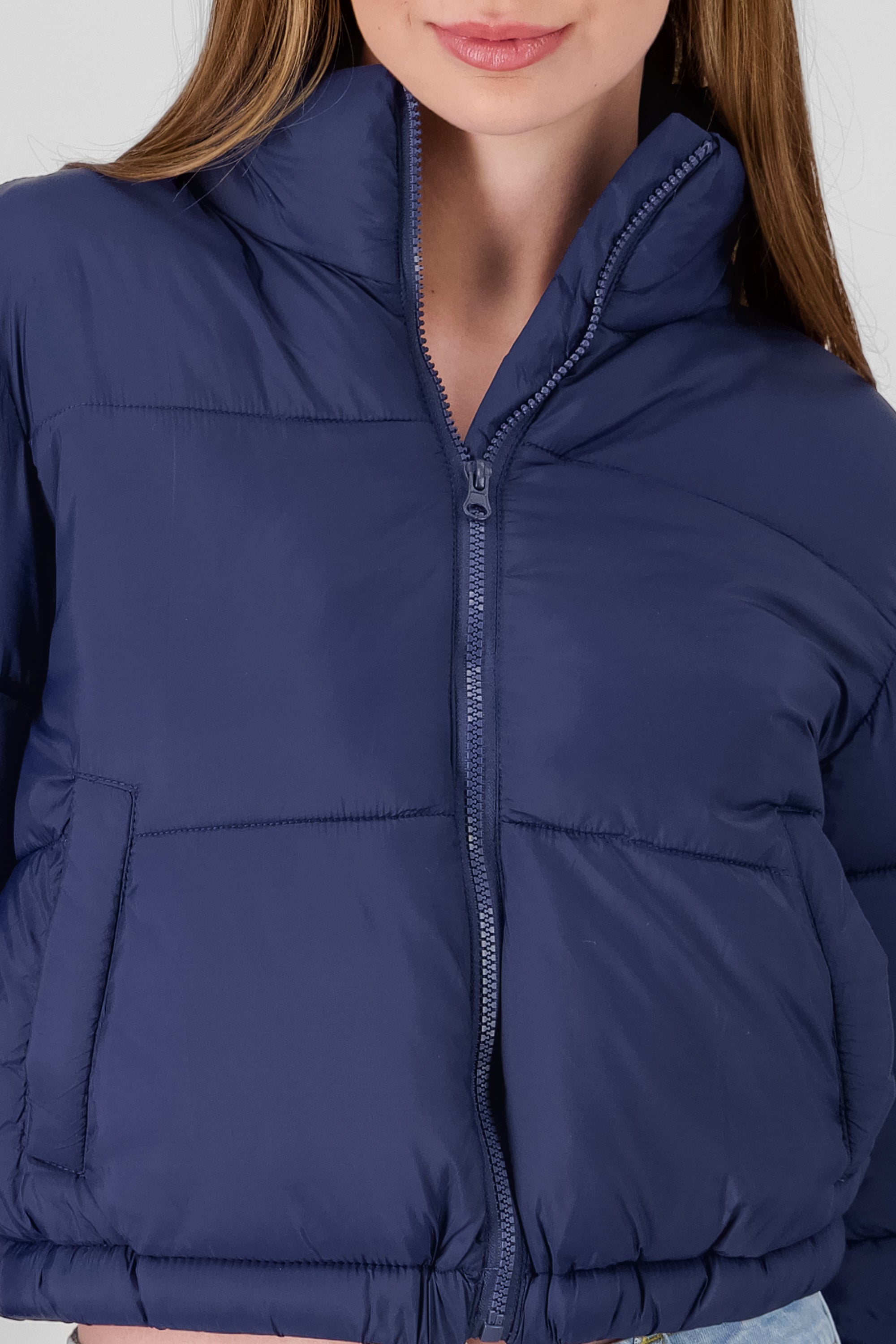 High Neck Cropped Puffer Jacket NAVY