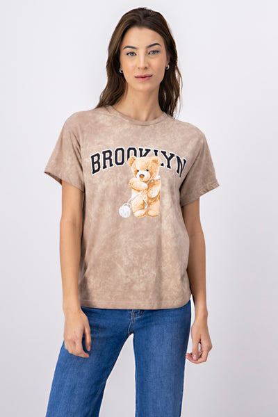 Acid Wash Brooklyn Bear TShirt BEIGE