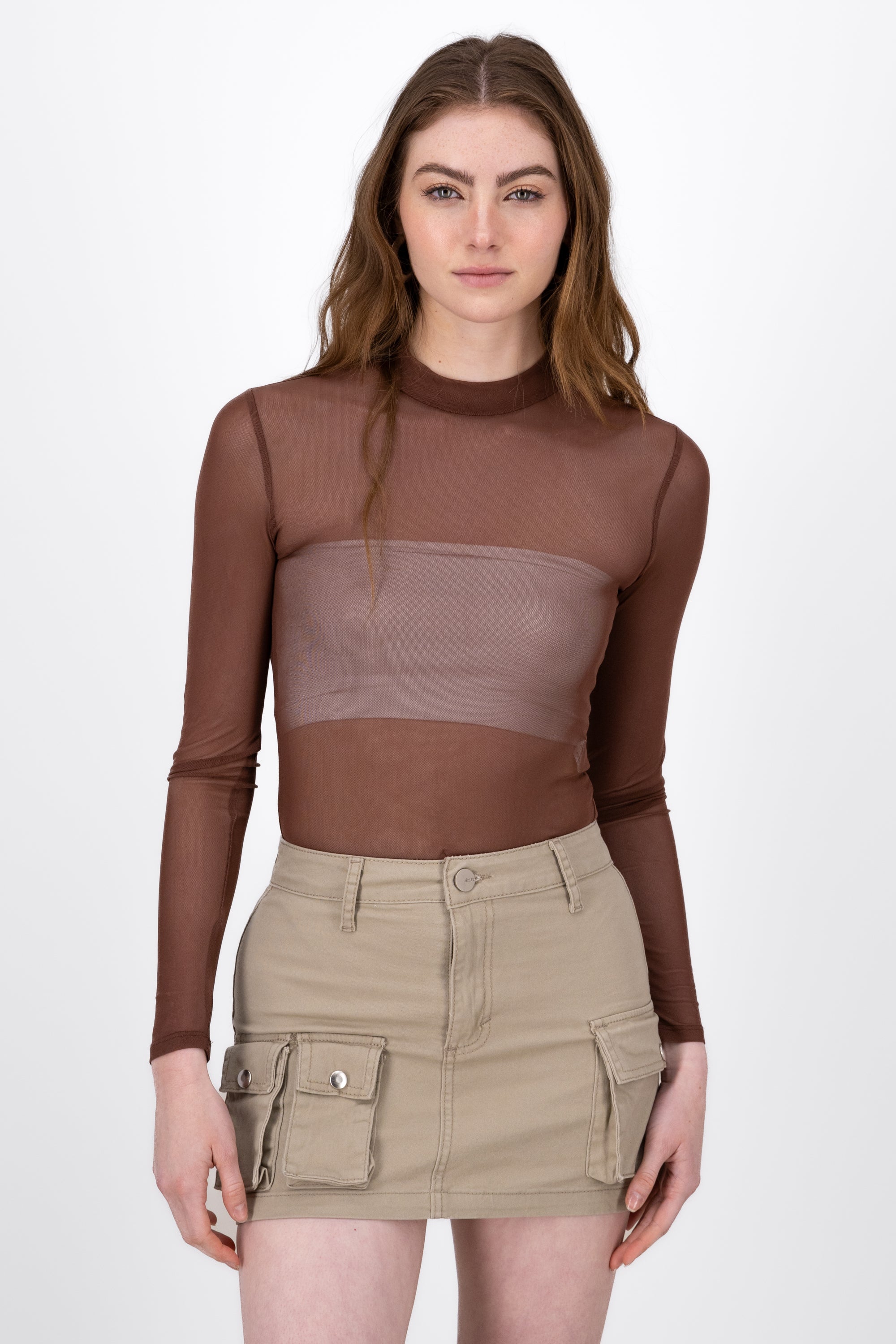 Long sleeved mesh bodysuit BROWN