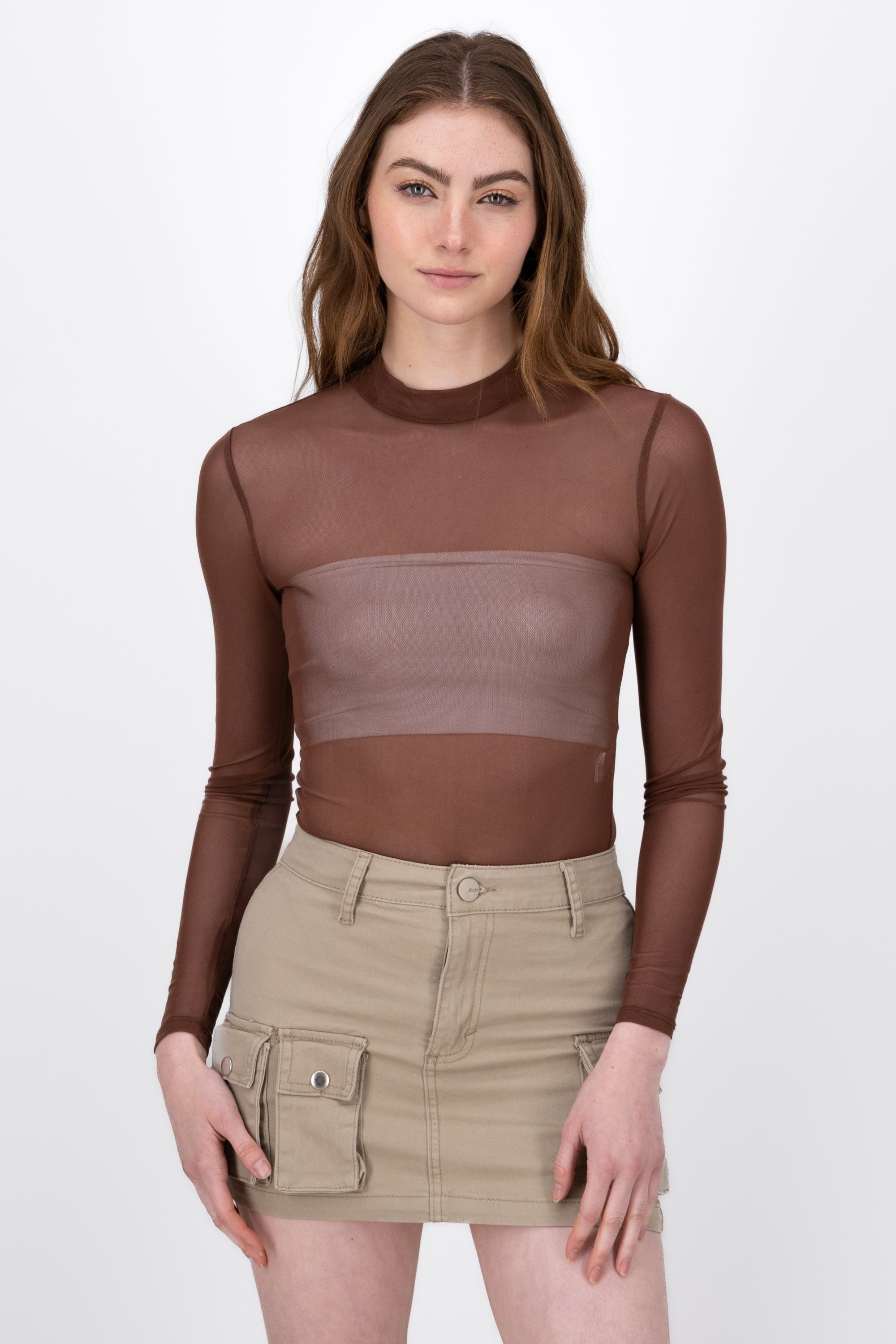 Long sleeved mesh bodysuit BROWN