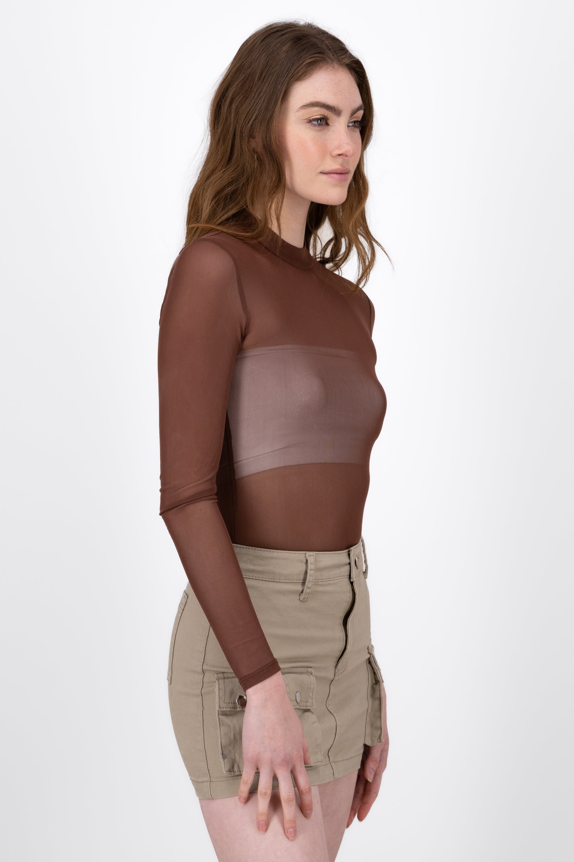 Long sleeved mesh bodysuit BROWN