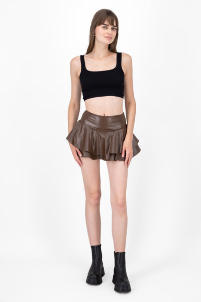 Faux leather ruffled skirt CHOCOLATE