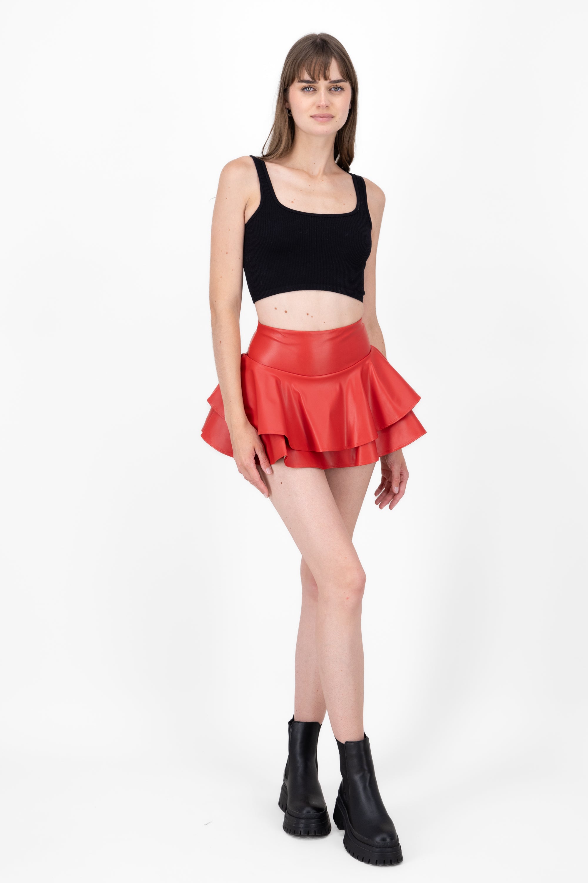 Faux leather ruffled skirt RED