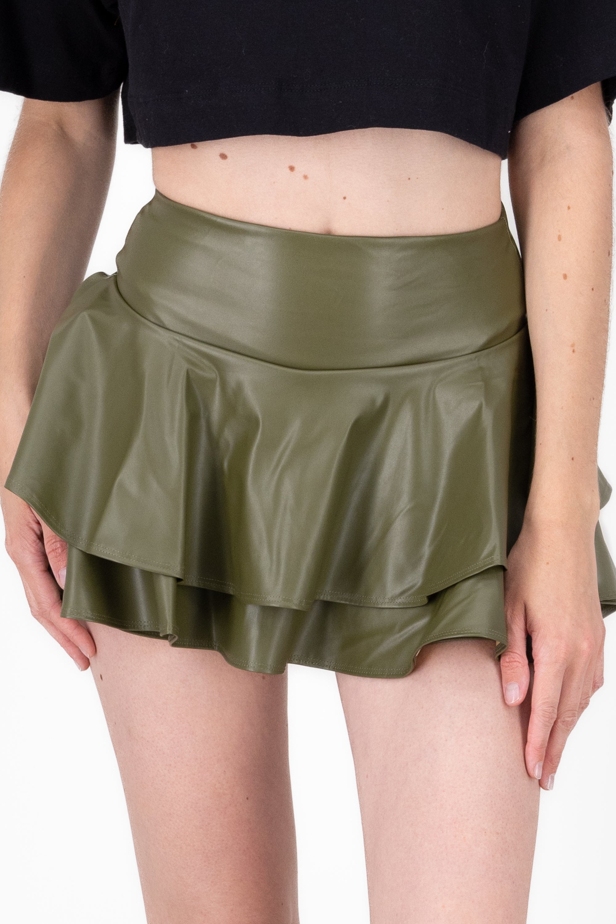 Faux leather ruffled skirt OLIVE