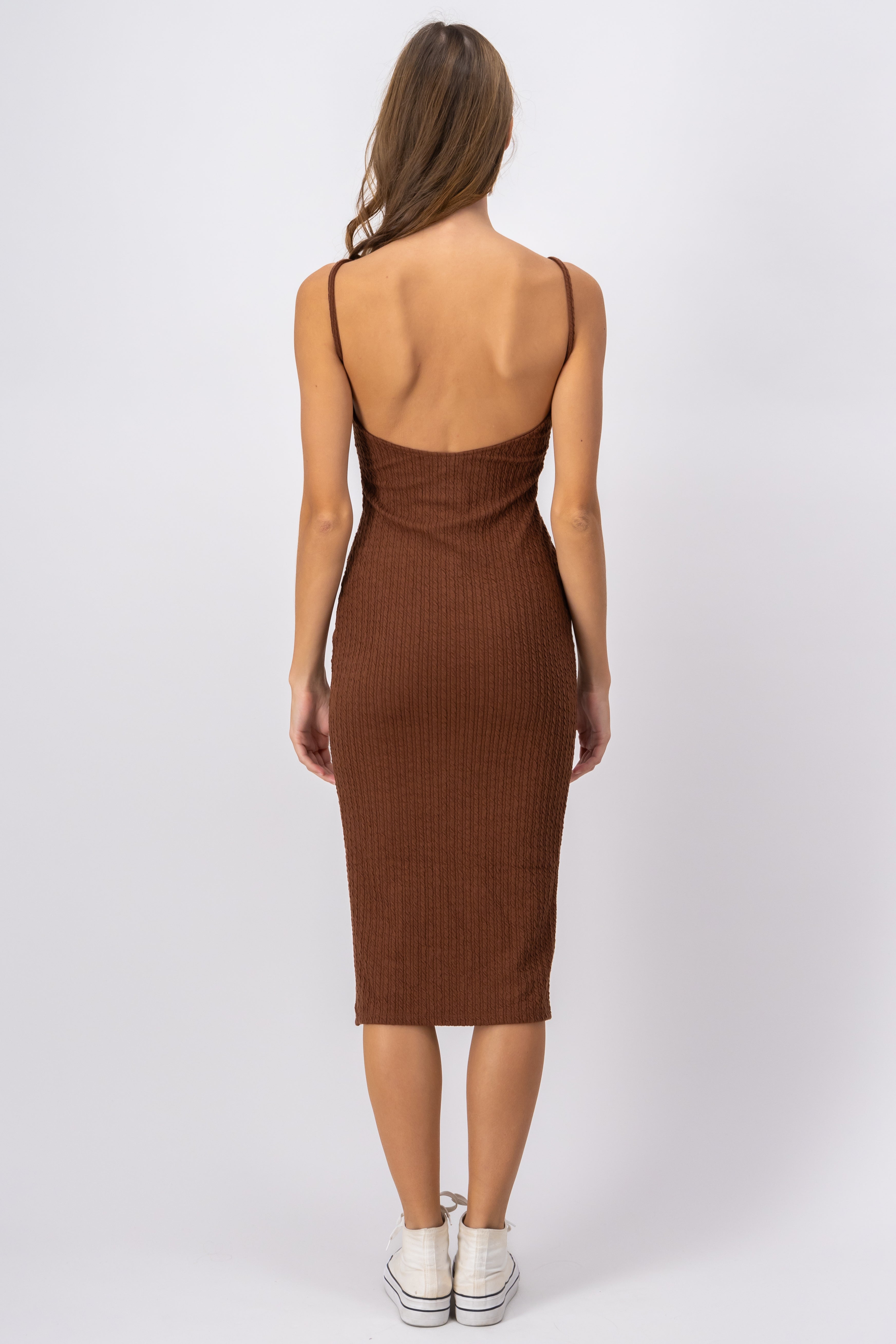 Textured Midi Dress Slit Leg CHOCOLATE