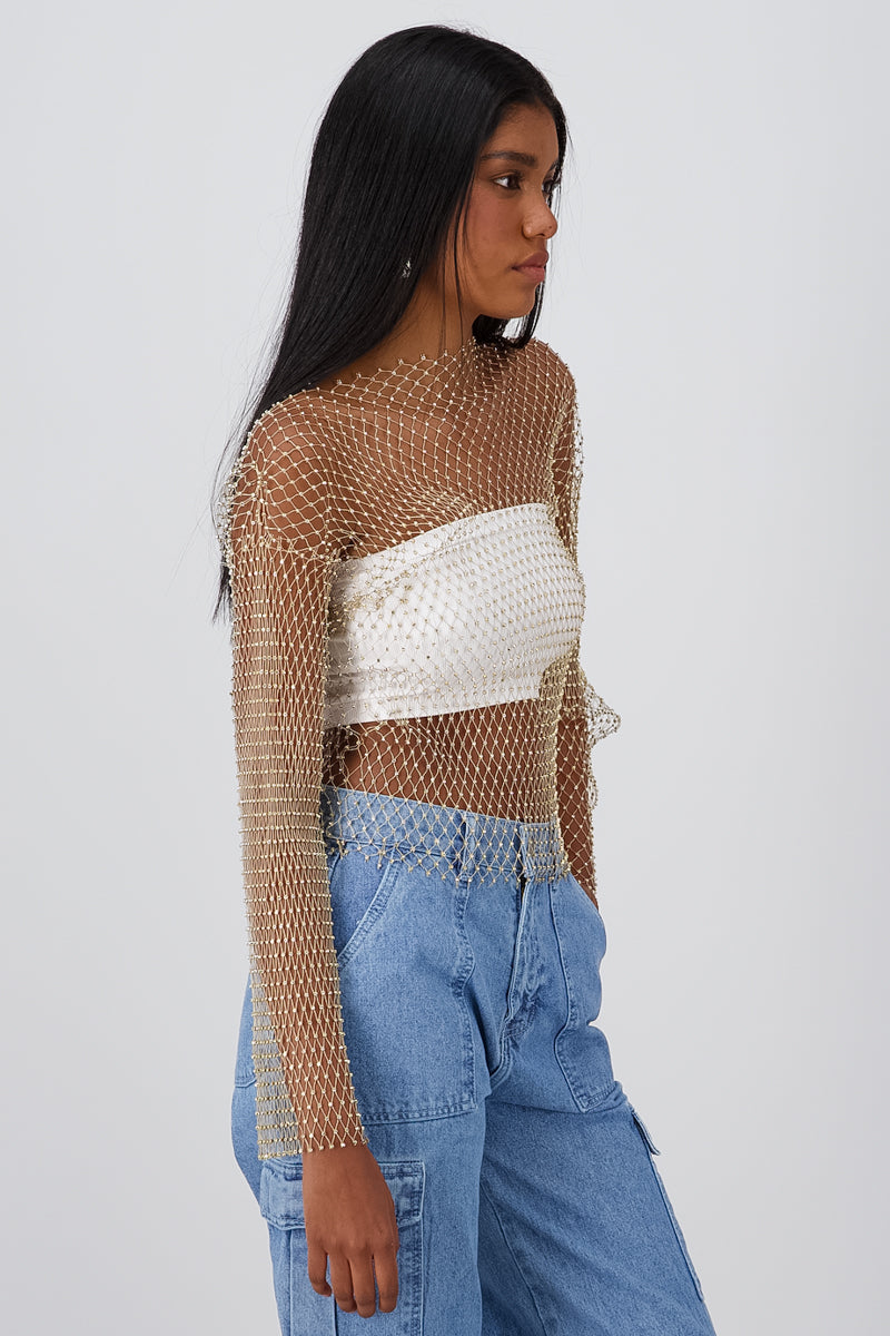 Sheer Crystal Long Sleeve Top GOLD