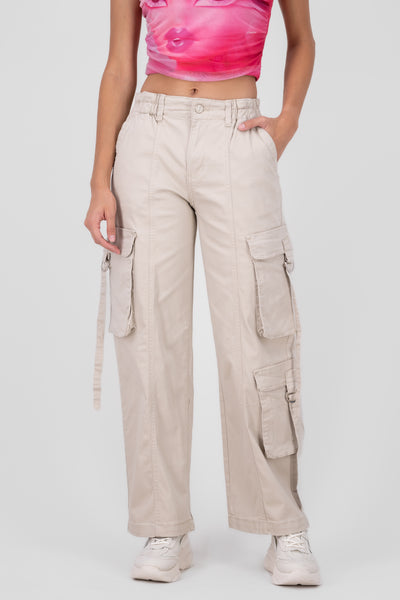 Straight Leg Cargo Pants With Strap Detailing IVORY