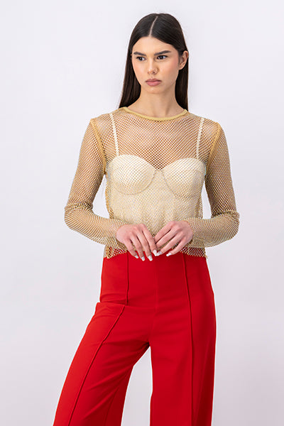 Red Shiny Long Sleeve Fishnet Top NUDE