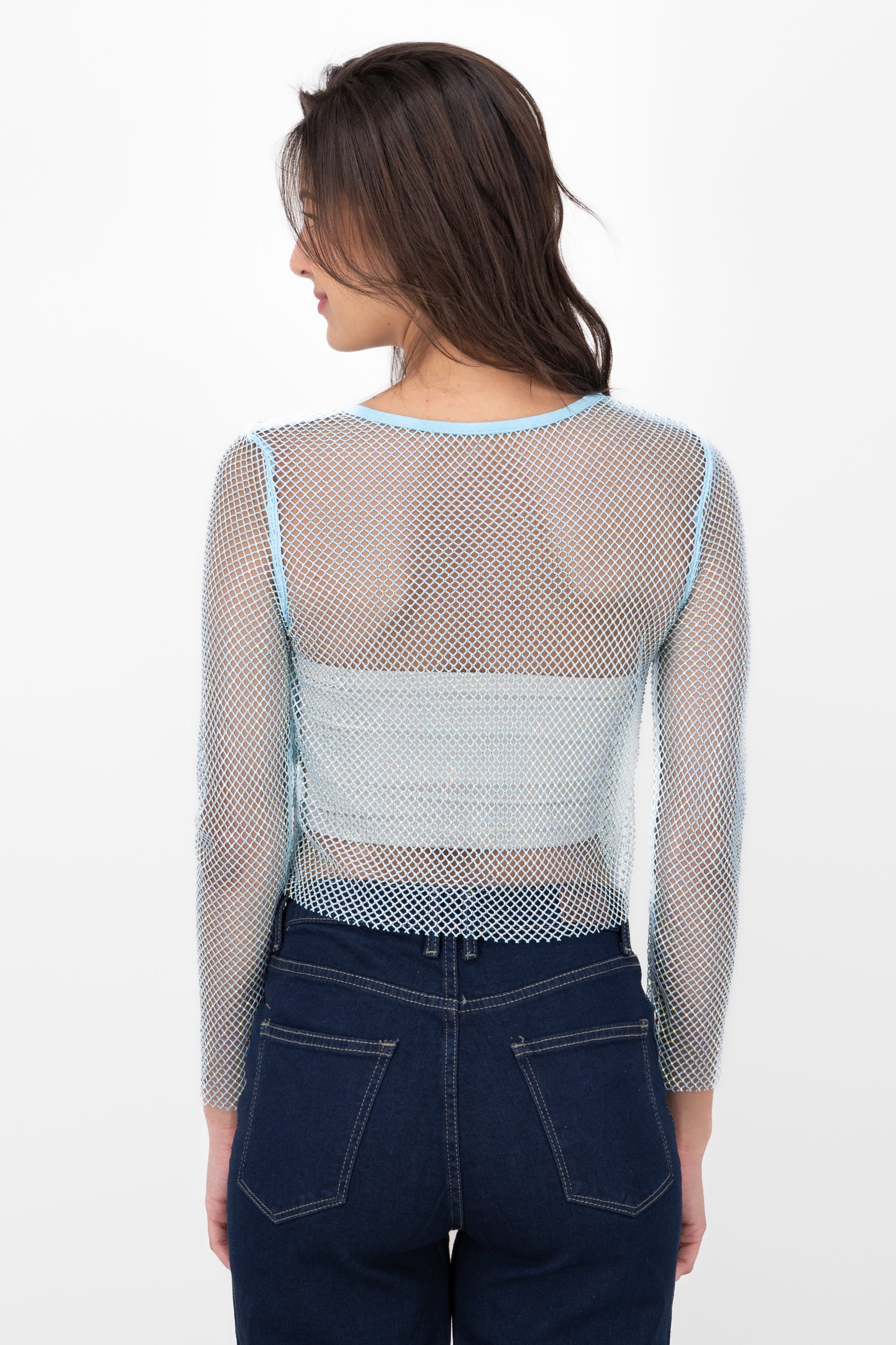 Red Shiny Long Sleeve Fishnet Top SKY BLUE