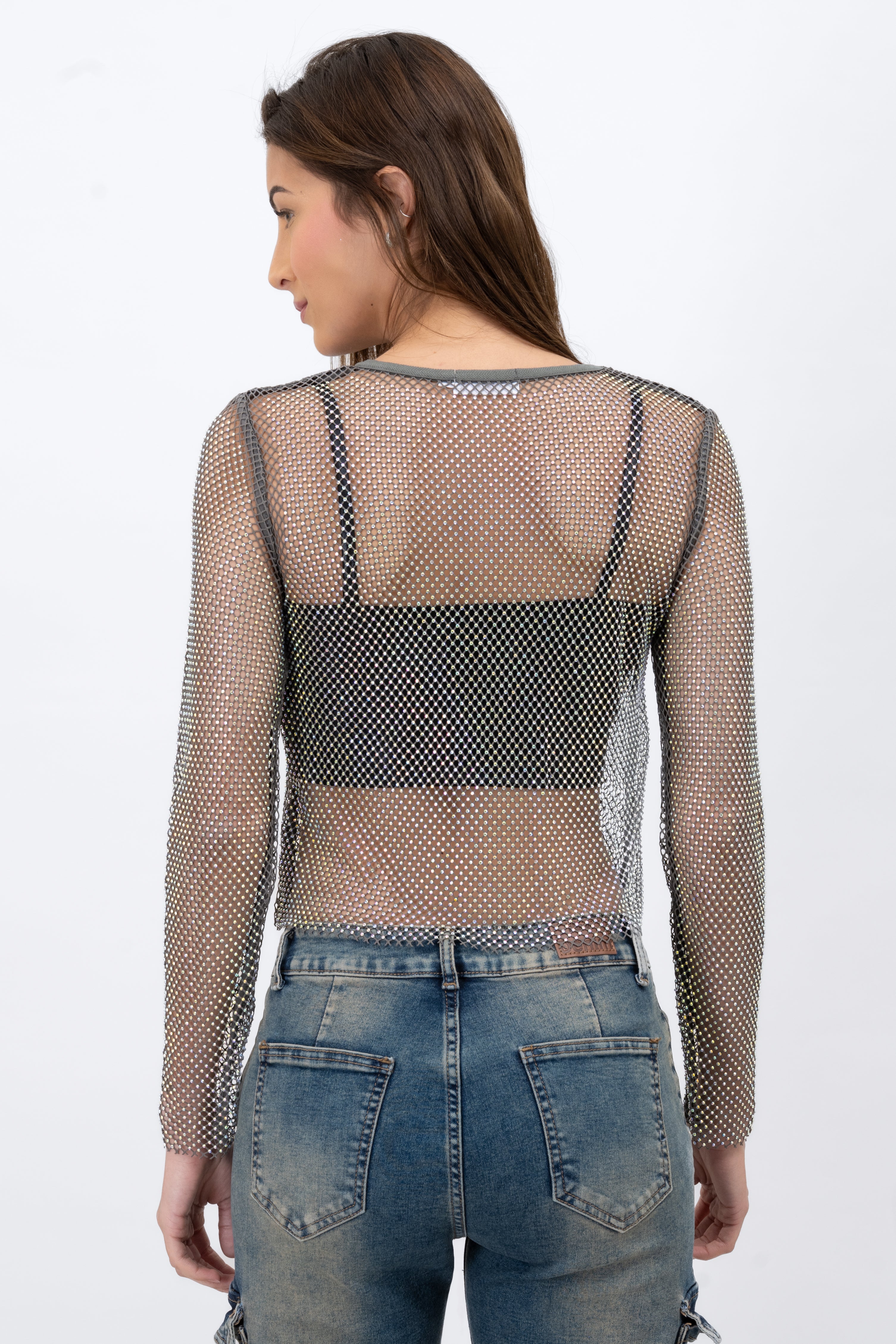 Red Shiny Long Sleeve Fishnet Top GRAY