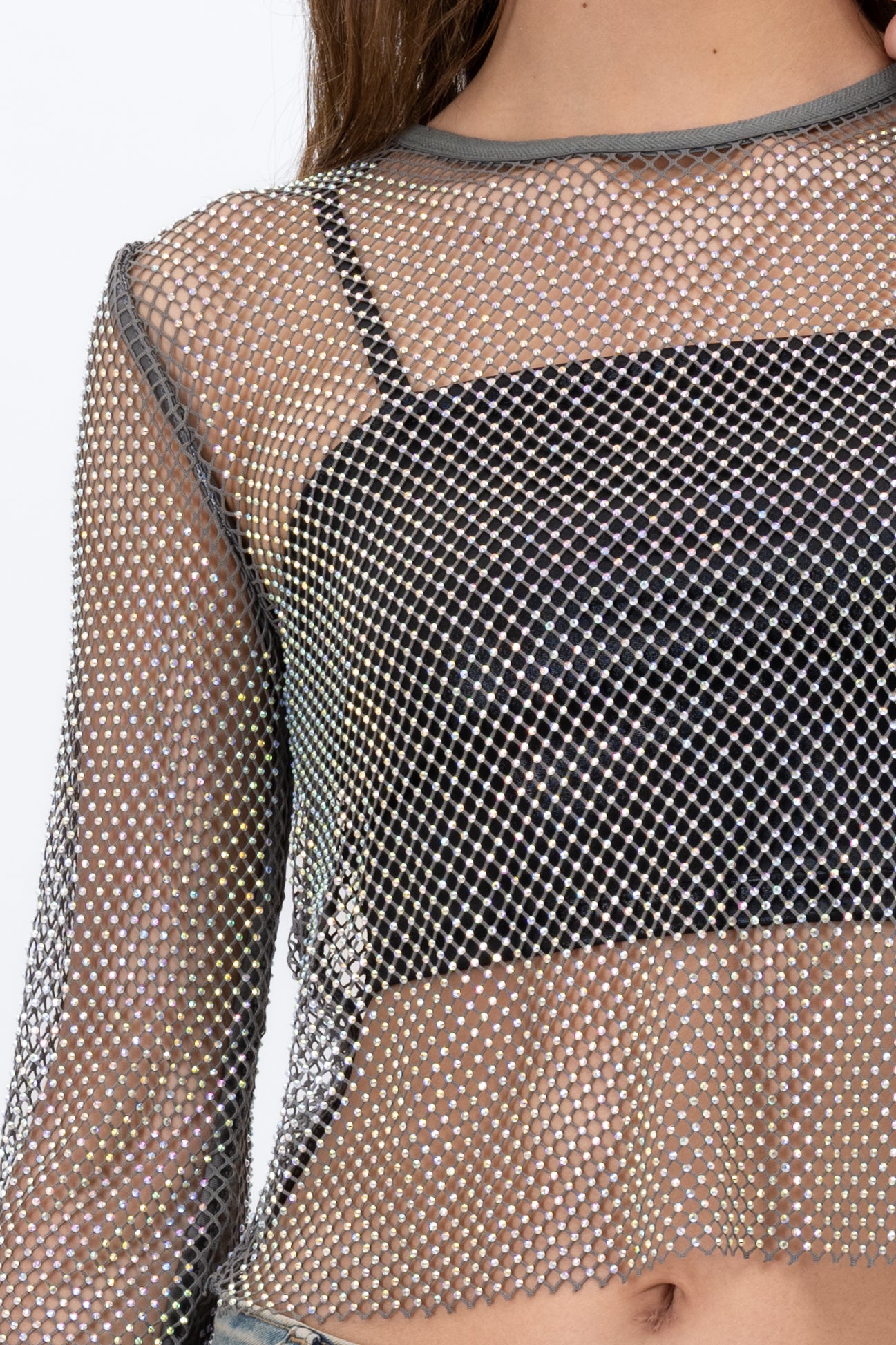 Red Shiny Long Sleeve Fishnet Top GRAY