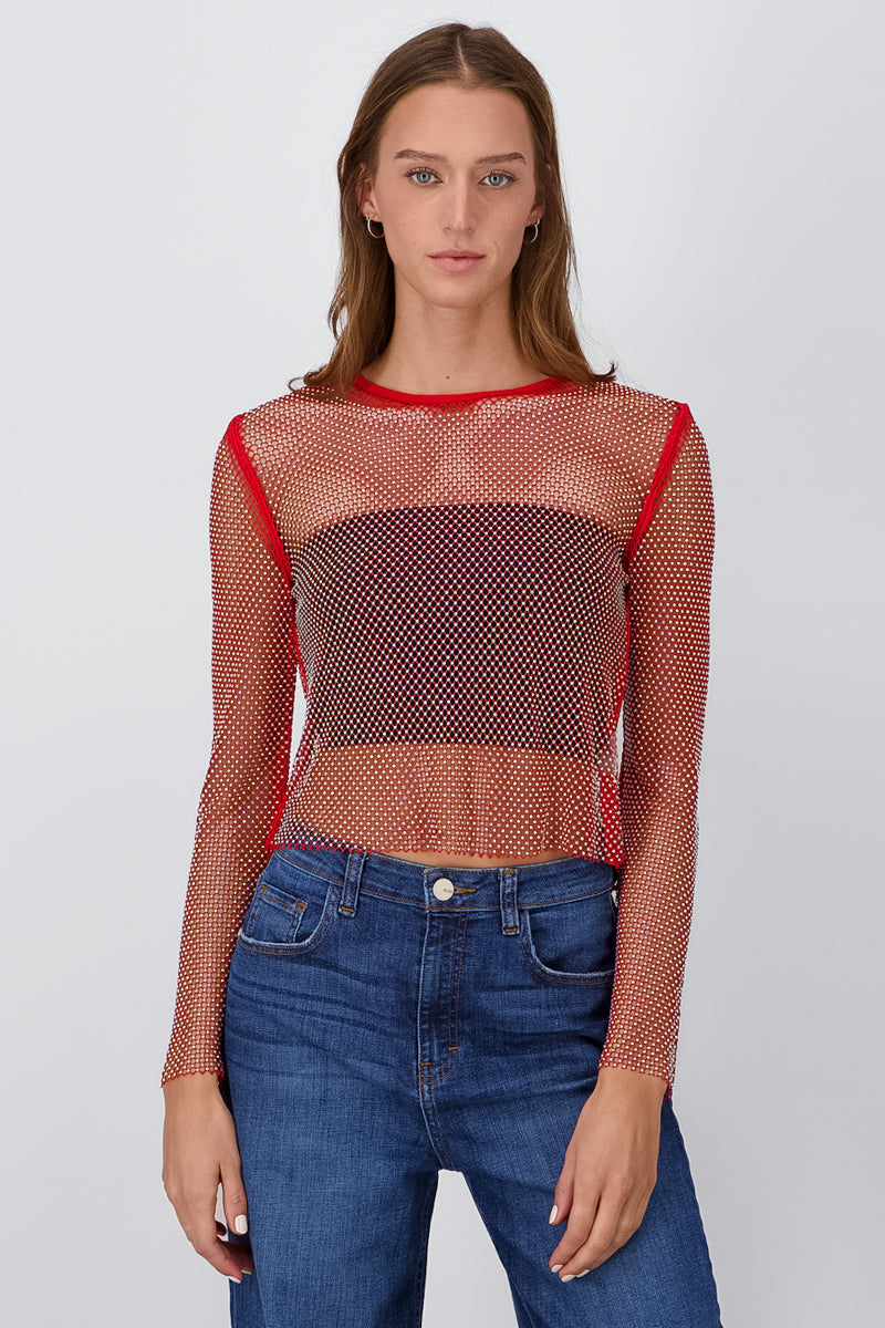 Red Shiny Long Sleeve Fishnet Top RED COMBO