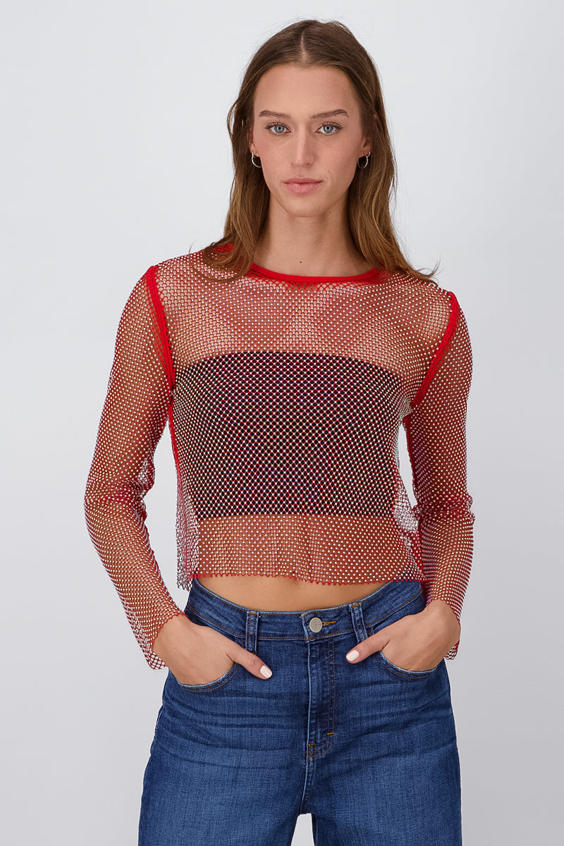 Red Shiny Long Sleeve Fishnet Top RED COMBO