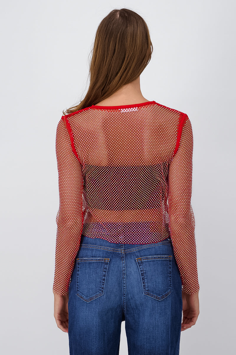 Red Shiny Long Sleeve Fishnet Top RED COMBO