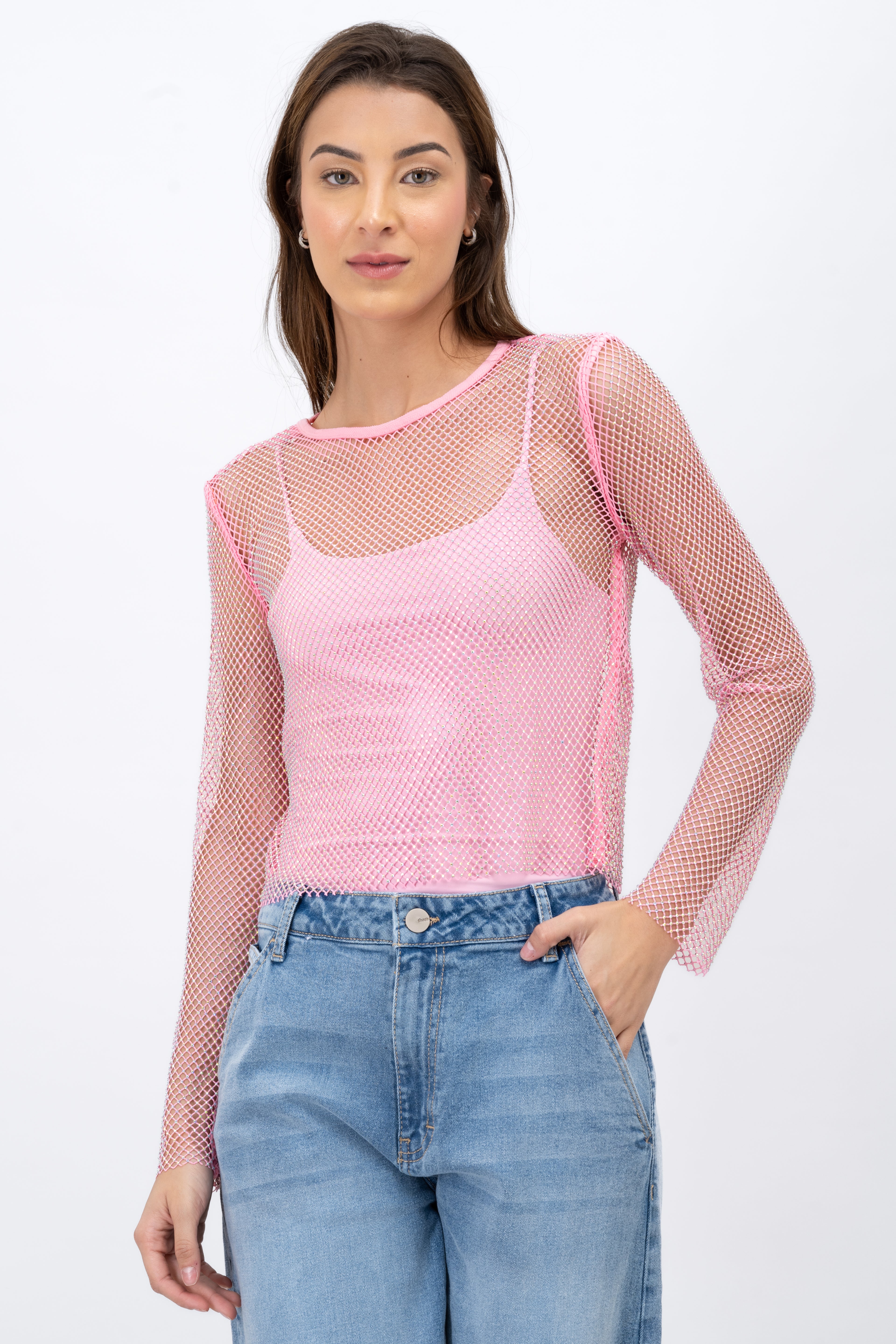 Red Shiny Long Sleeve Fishnet Top PINK