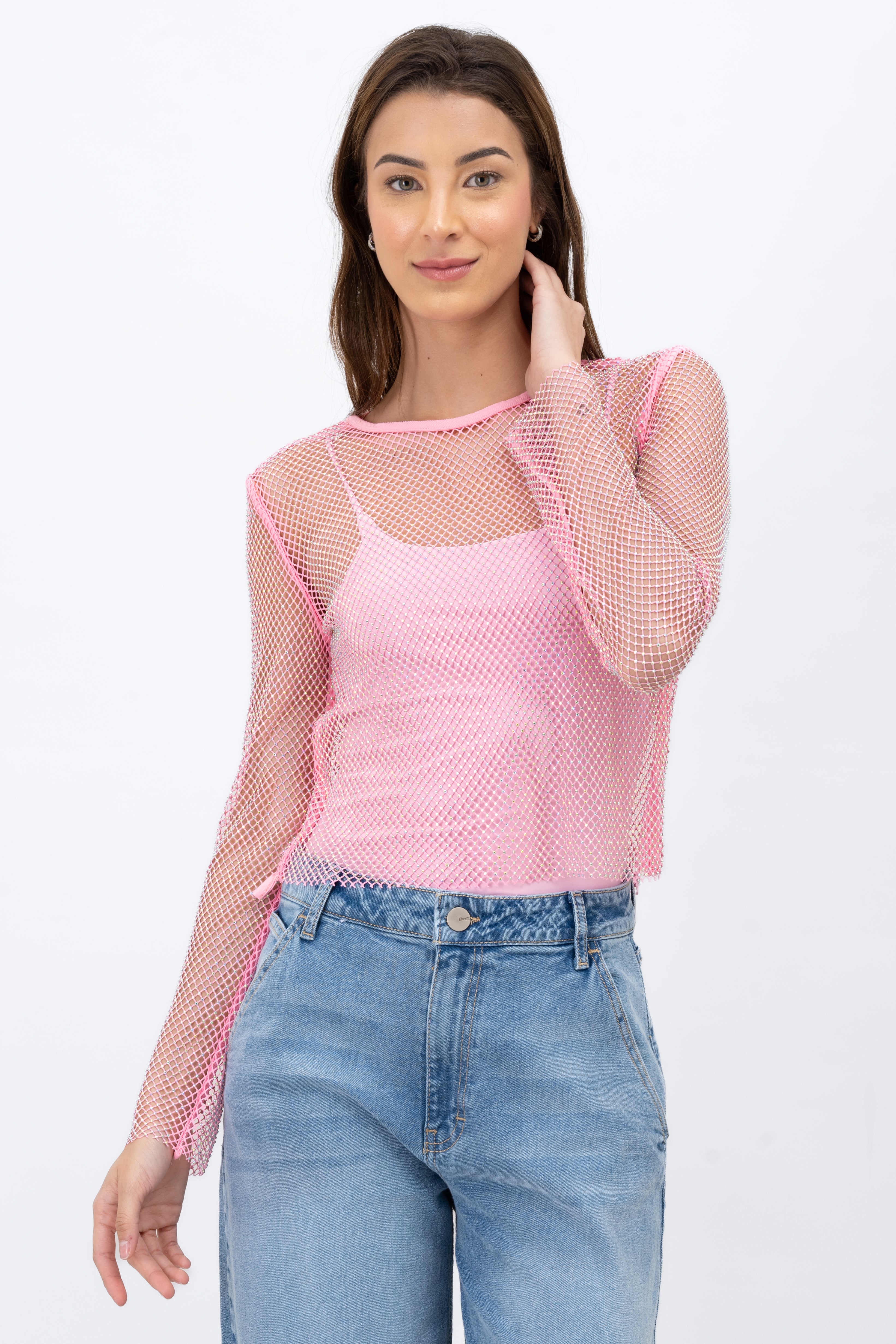 Red Shiny Long Sleeve Fishnet Top PINK