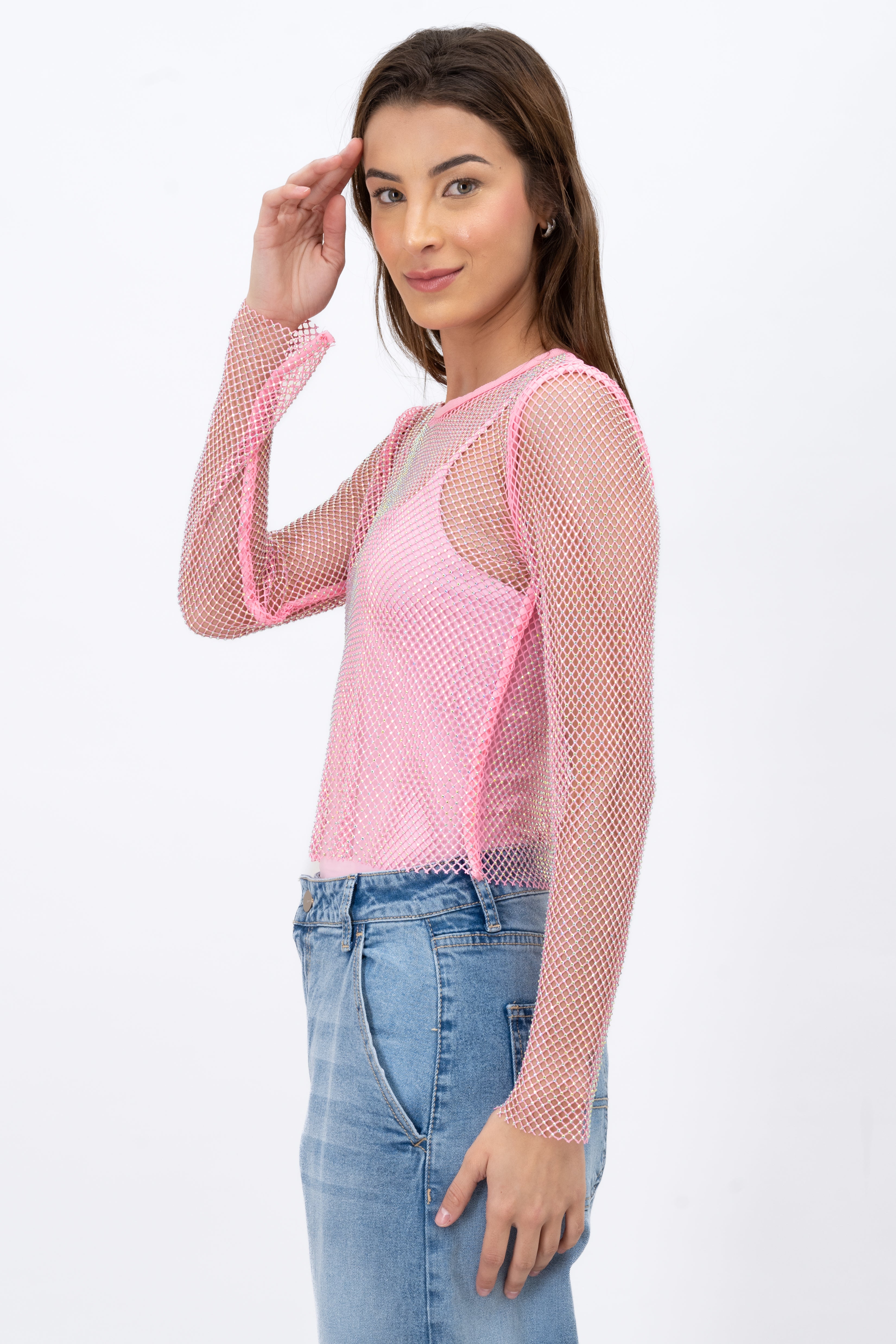 Red Shiny Long Sleeve Fishnet Top PINK