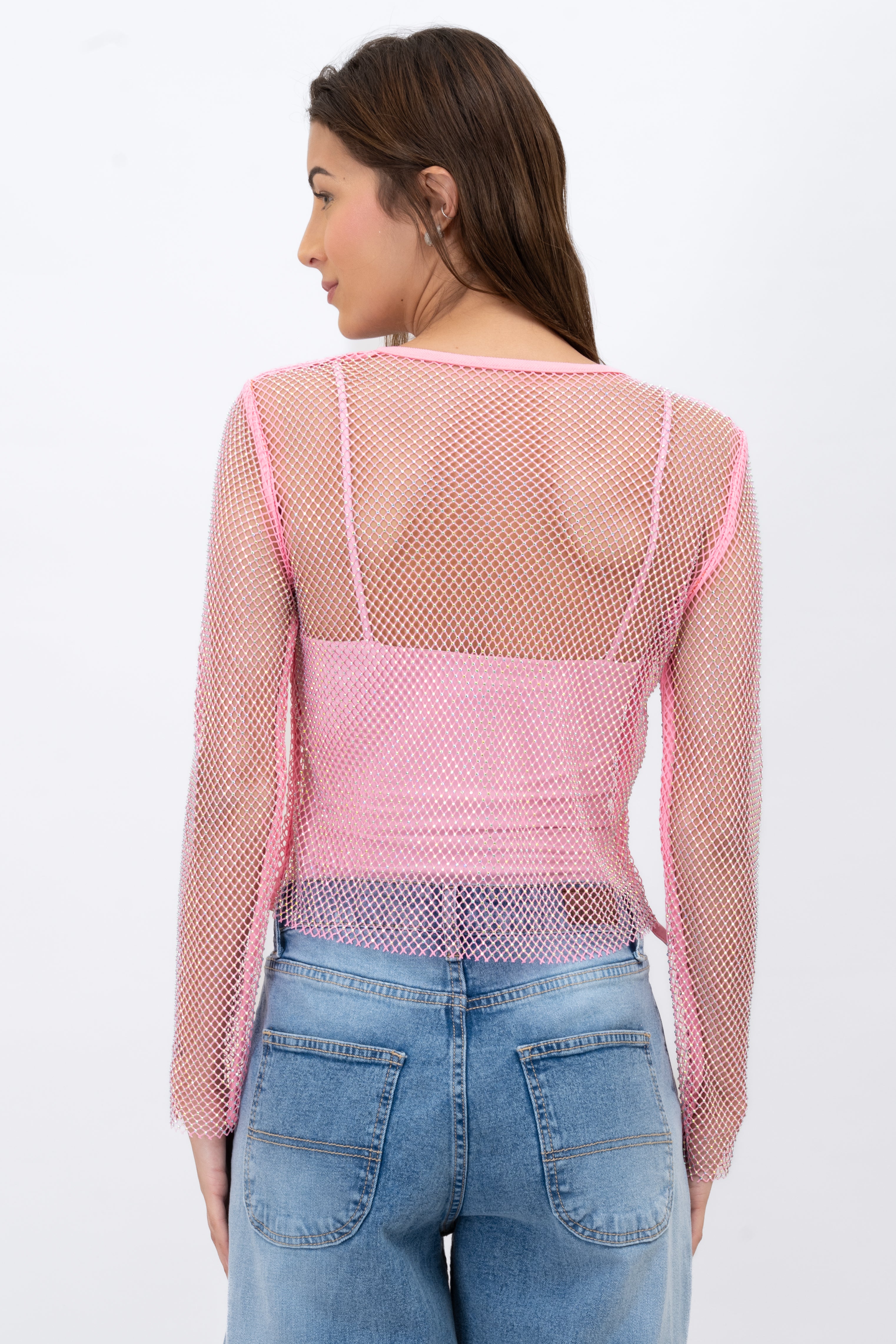 Red Shiny Long Sleeve Fishnet Top PINK