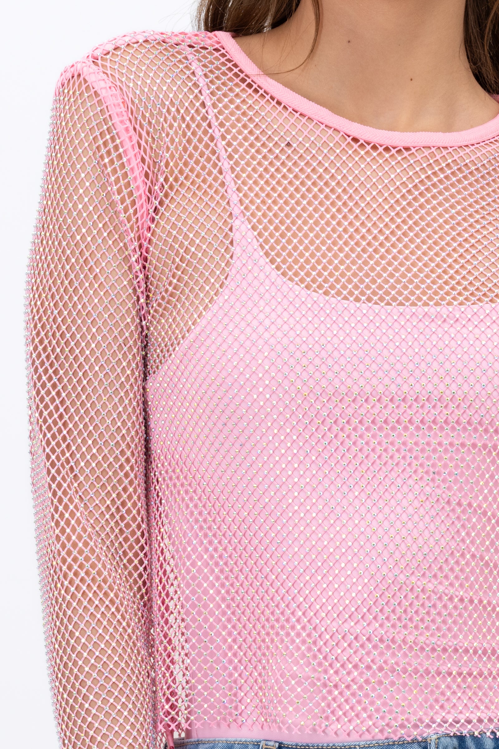 Red Shiny Long Sleeve Fishnet Top PINK