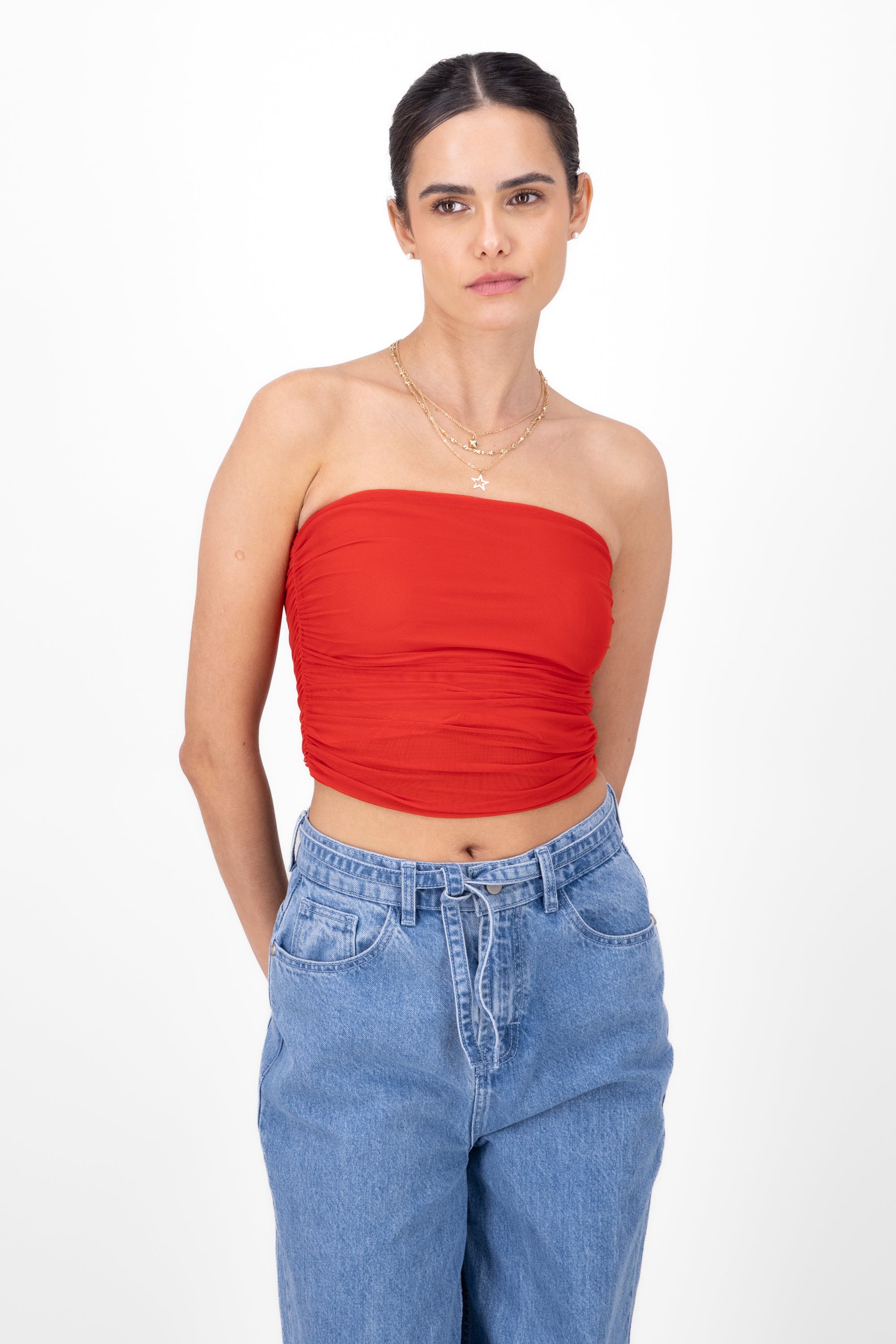 Smooth Strapless Mesh Top RED