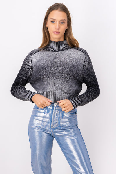 Washed Metallic Woven Mock Neck Sweater SILVER COMBO