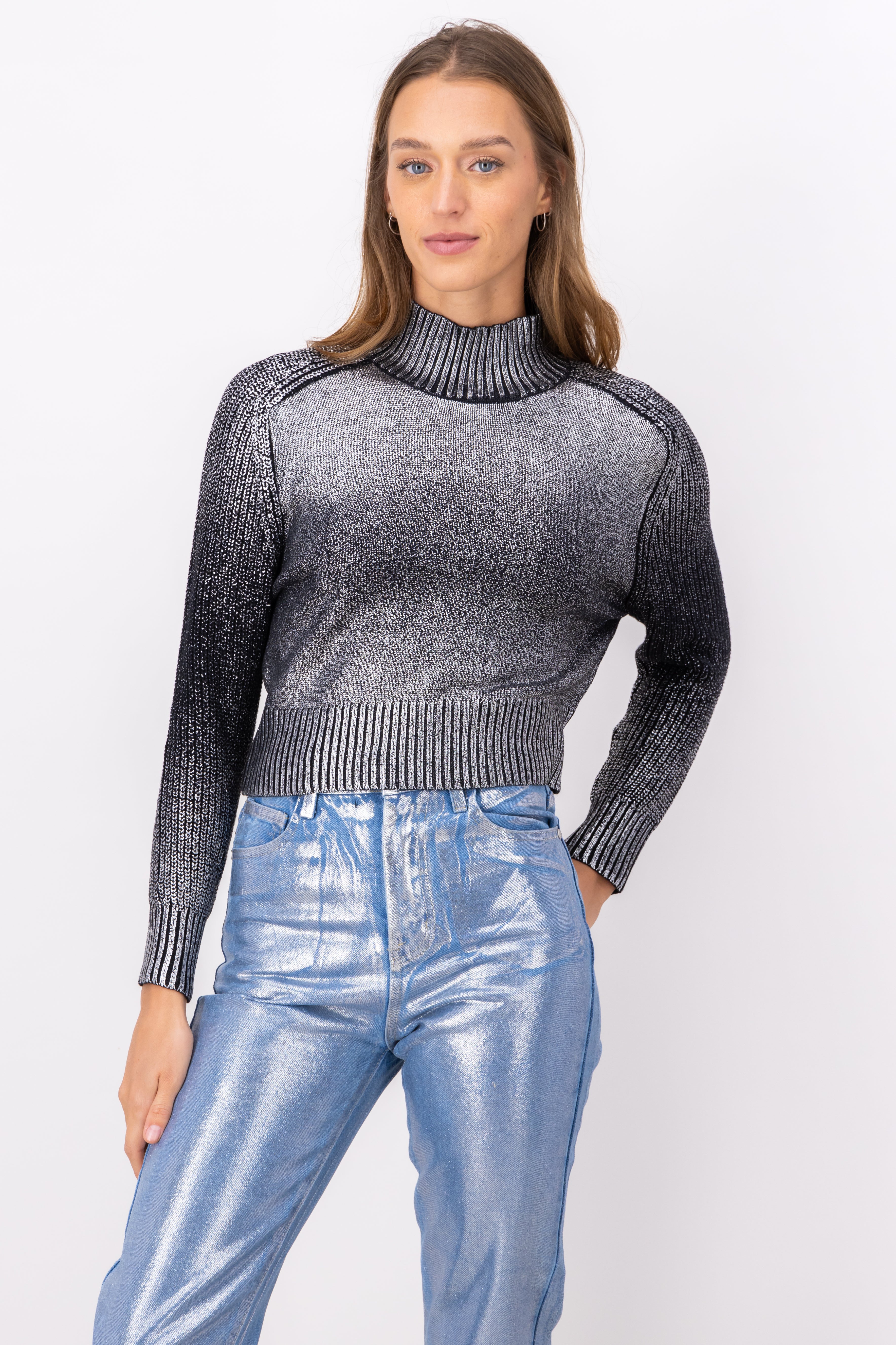 Washed Metallic Woven Mock Neck Sweater SILVER COMBO