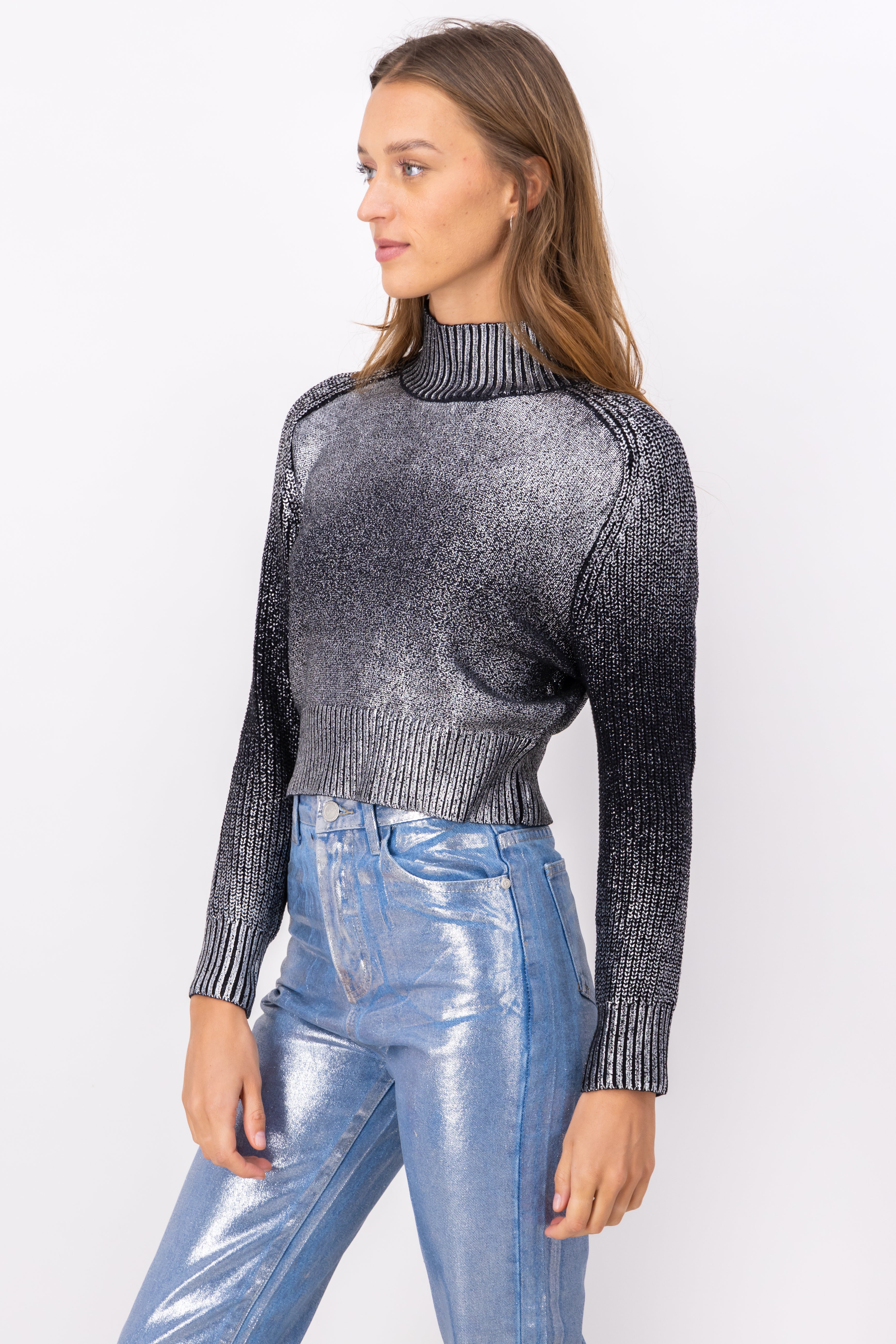 Washed Metallic Woven Mock Neck Sweater SILVER COMBO