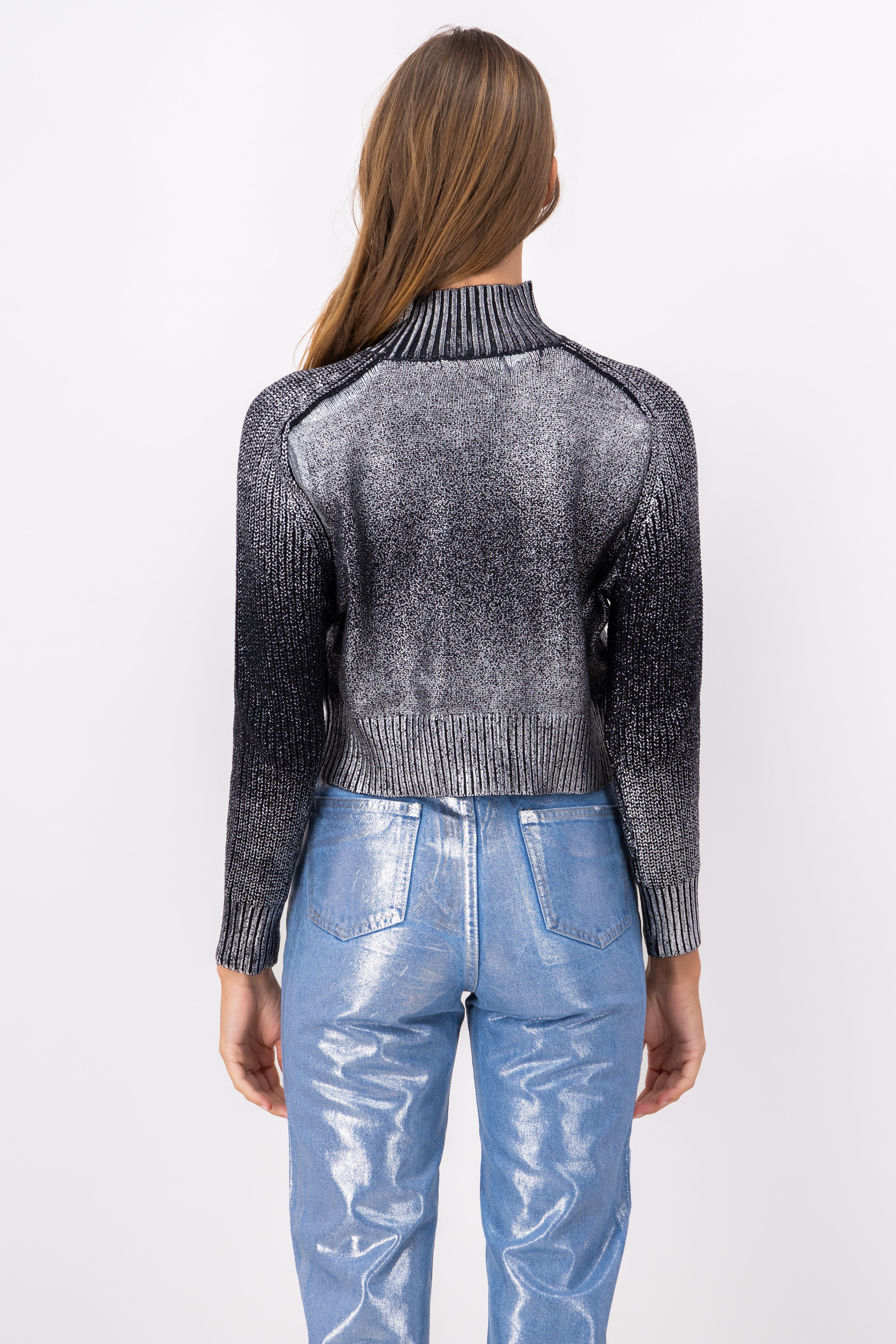 Washed Metallic Woven Mock Neck Sweater SILVER COMBO