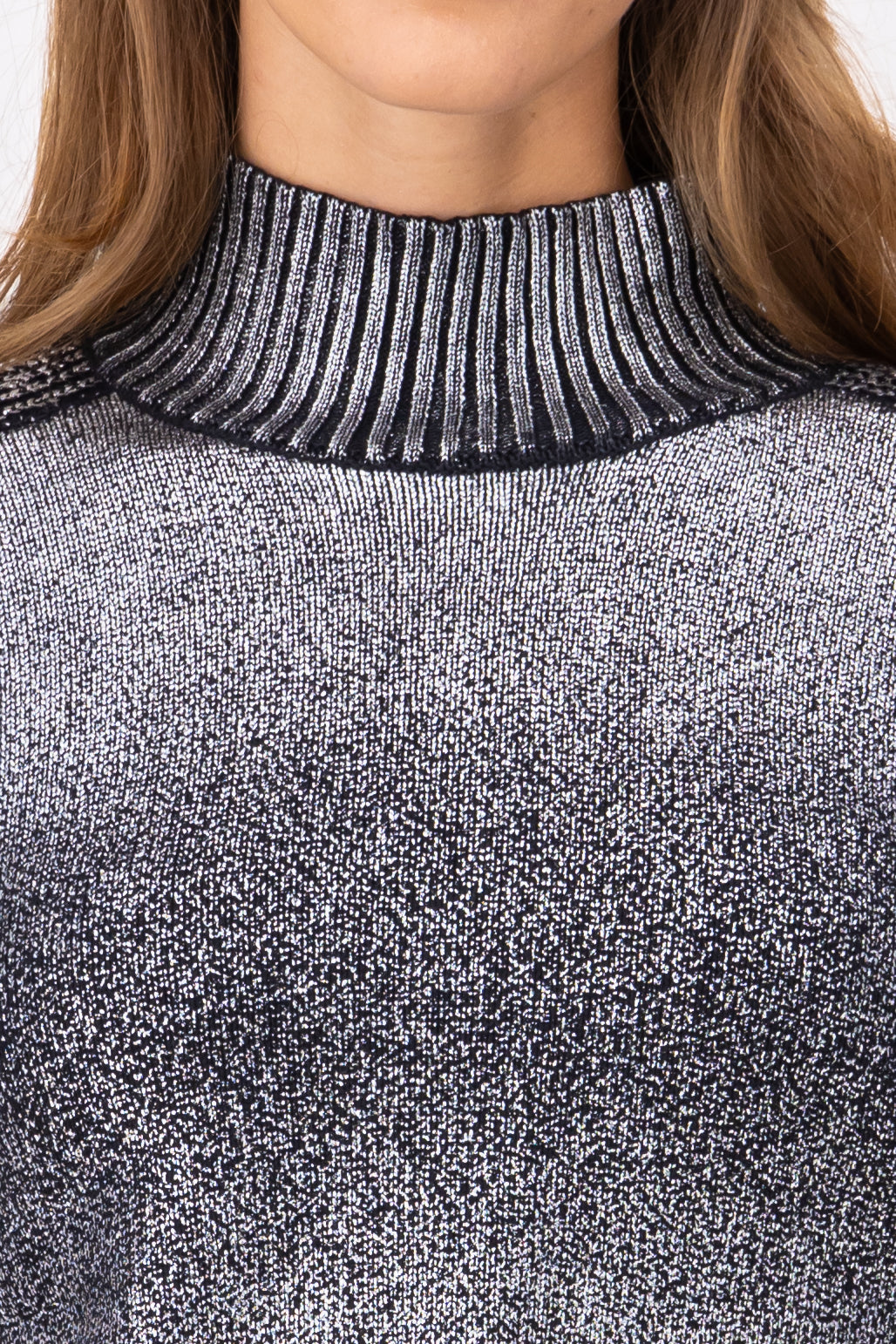 Washed Metallic Woven Mock Neck Sweater SILVER COMBO