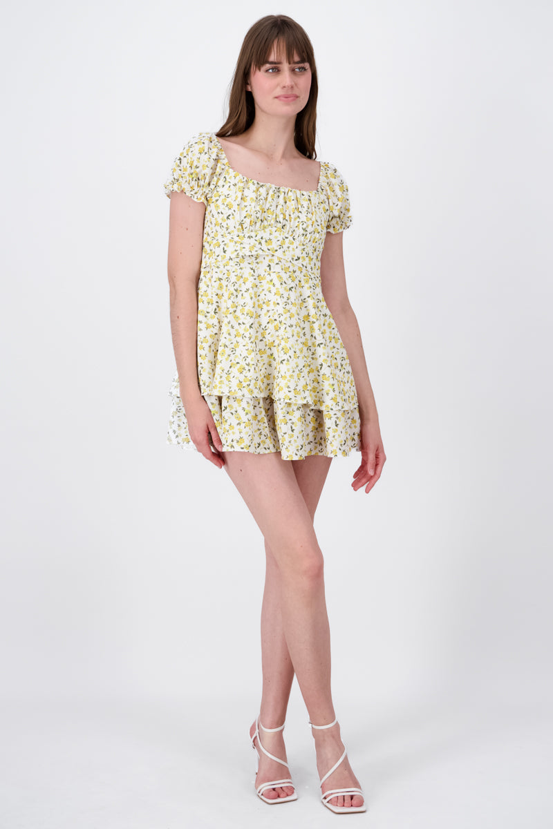 Floral SquareNeck Ruffled Mini Dress YELLOW COMBO