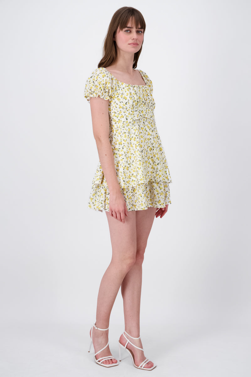 Floral SquareNeck Ruffled Mini Dress YELLOW COMBO