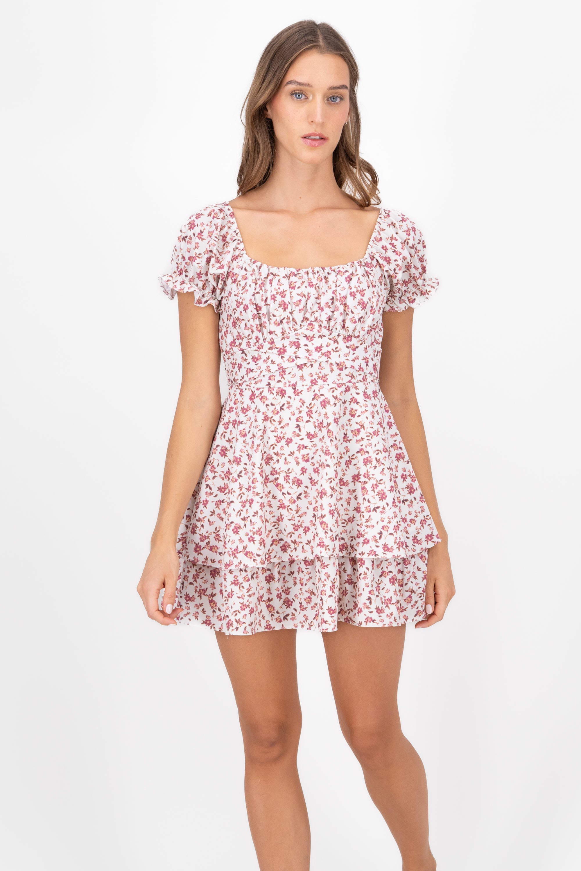 Floral SquareNeck Ruffled Mini Dress PINK COMBO