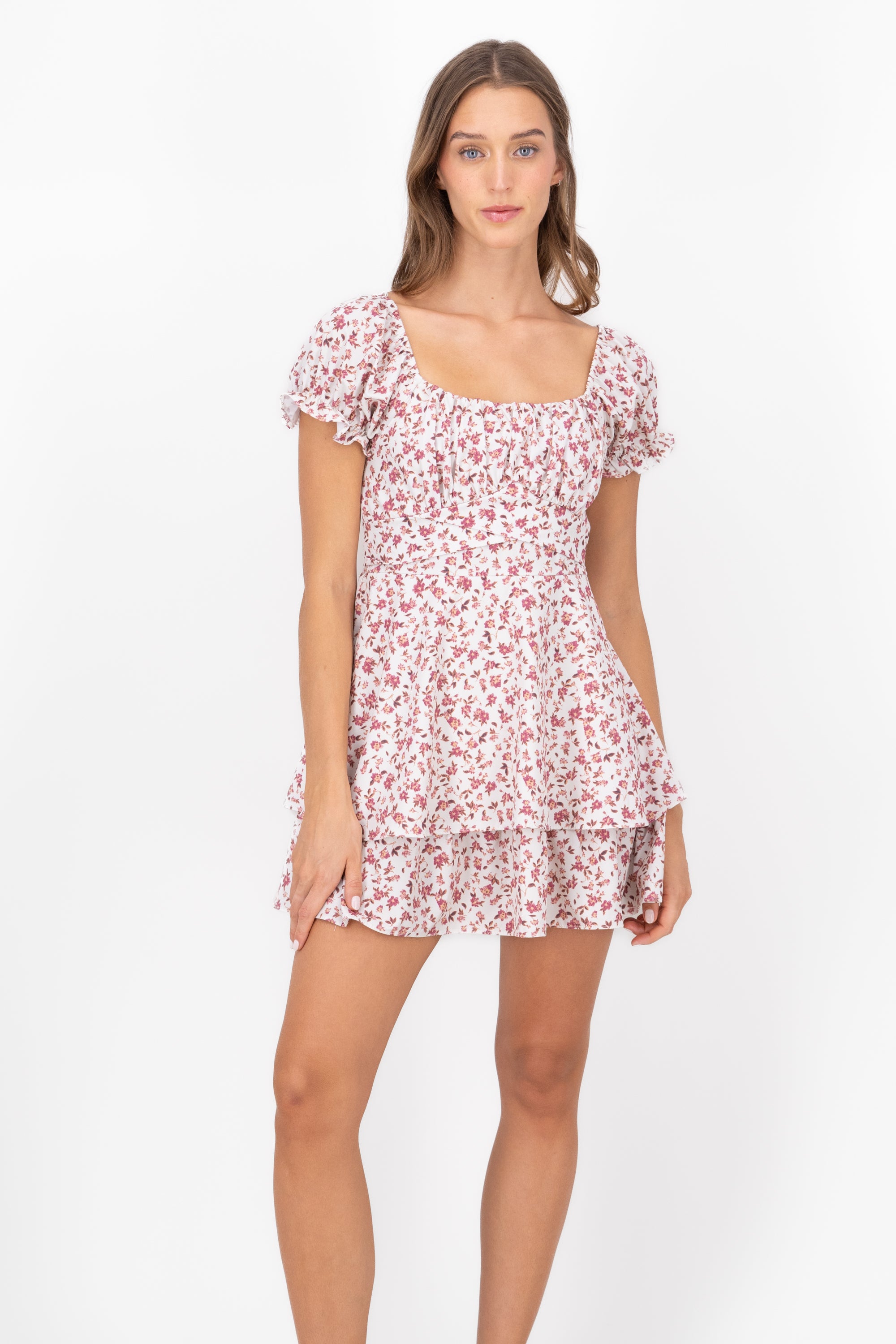 Floral SquareNeck Ruffled Mini Dress PINK COMBO