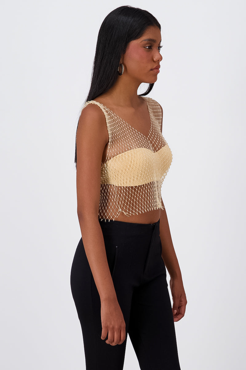 Rhinestone Mesh VNeck Top NUDE