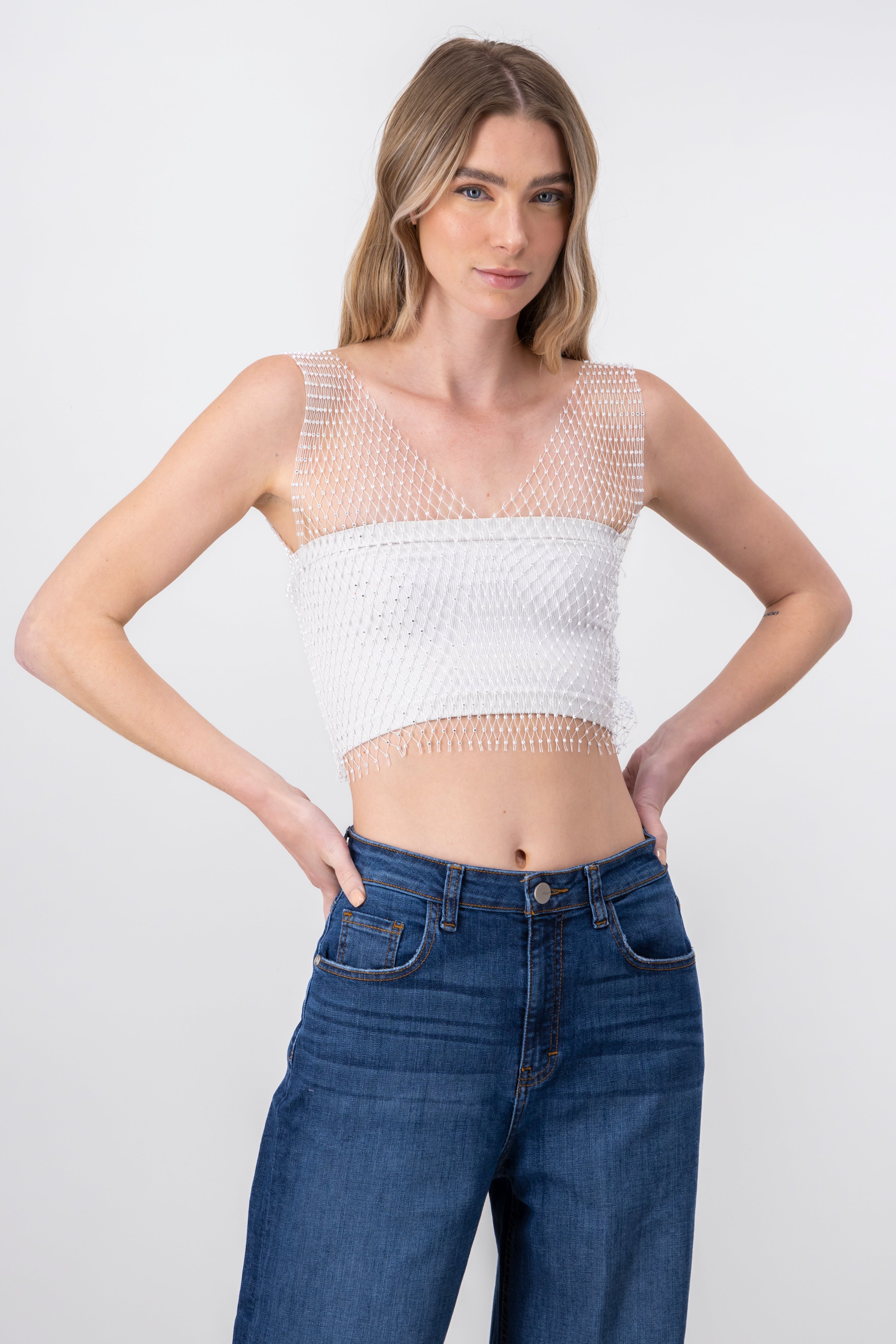 Rhinestone Mesh VNeck Top WHITE