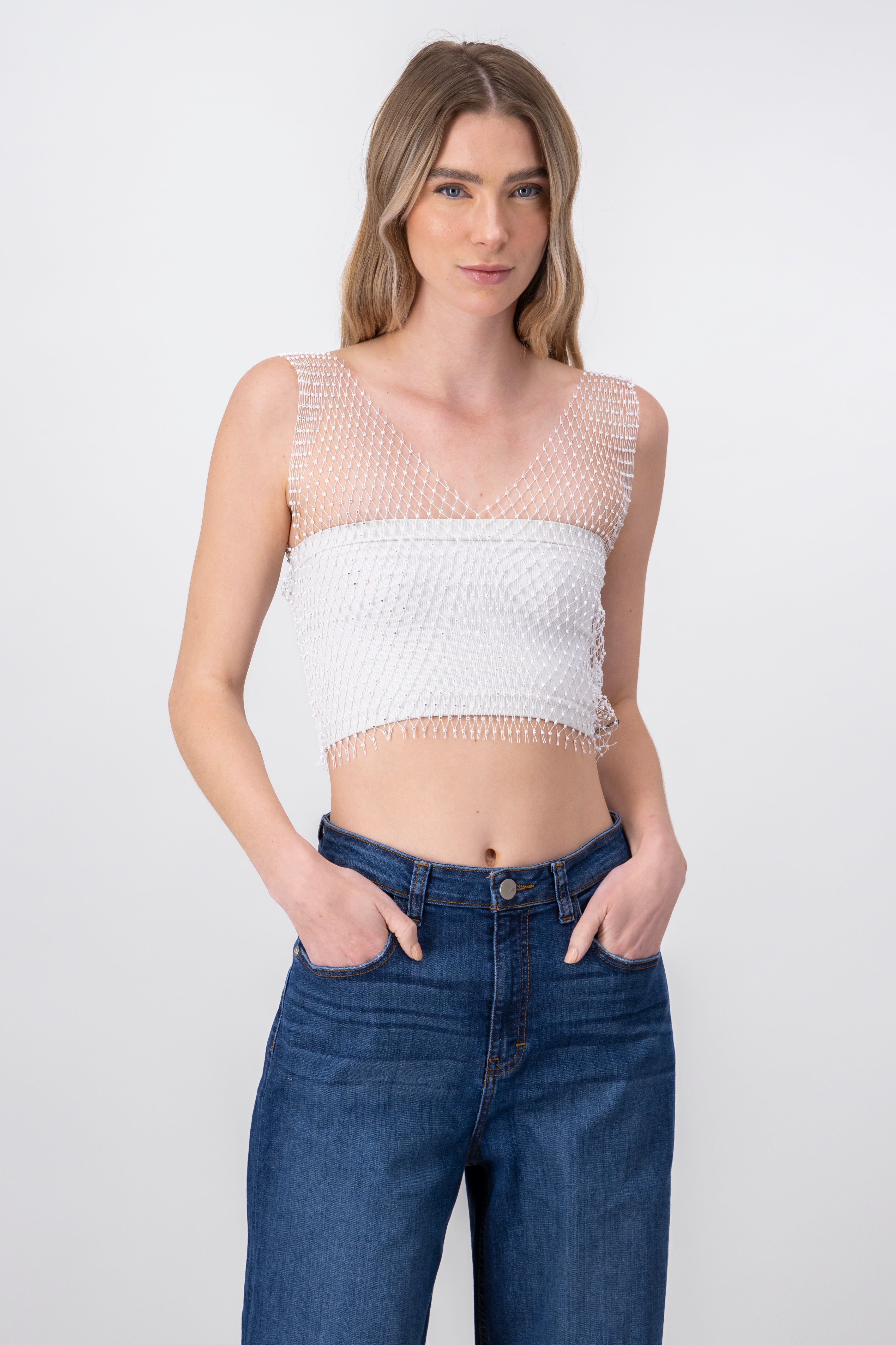 Rhinestone Mesh VNeck Top WHITE