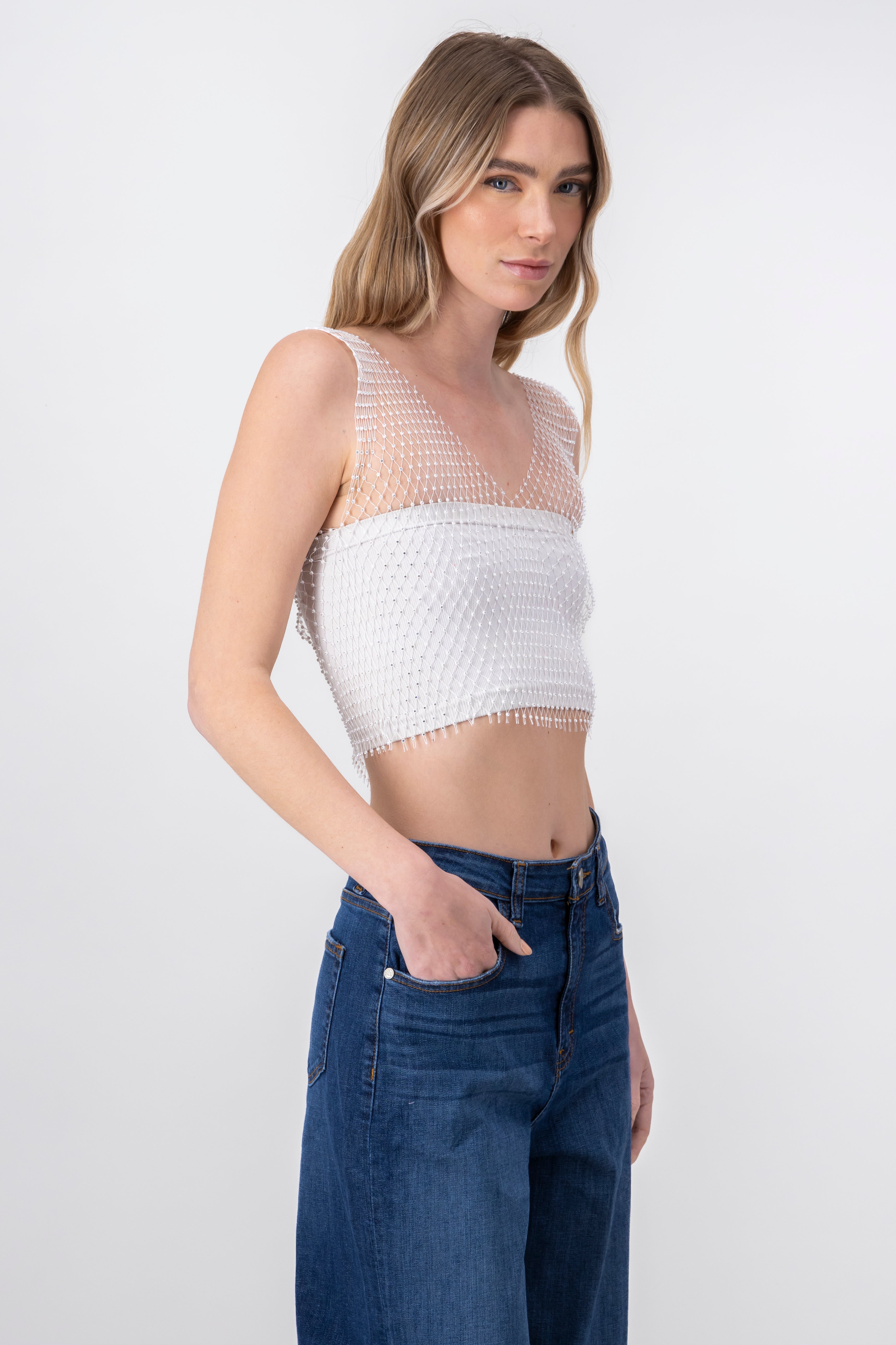 Rhinestone Mesh VNeck Top WHITE