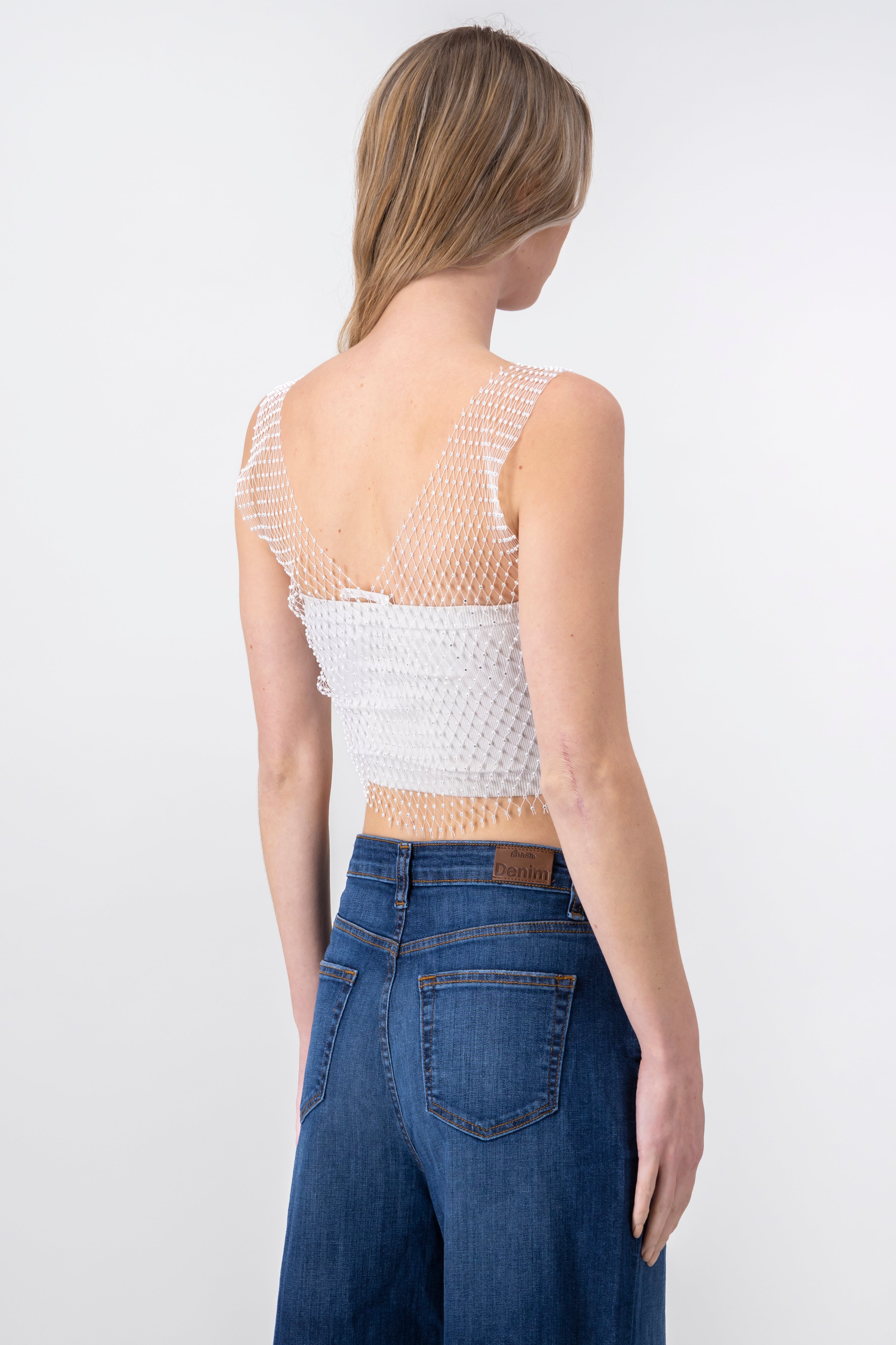 Rhinestone Mesh VNeck Top WHITE