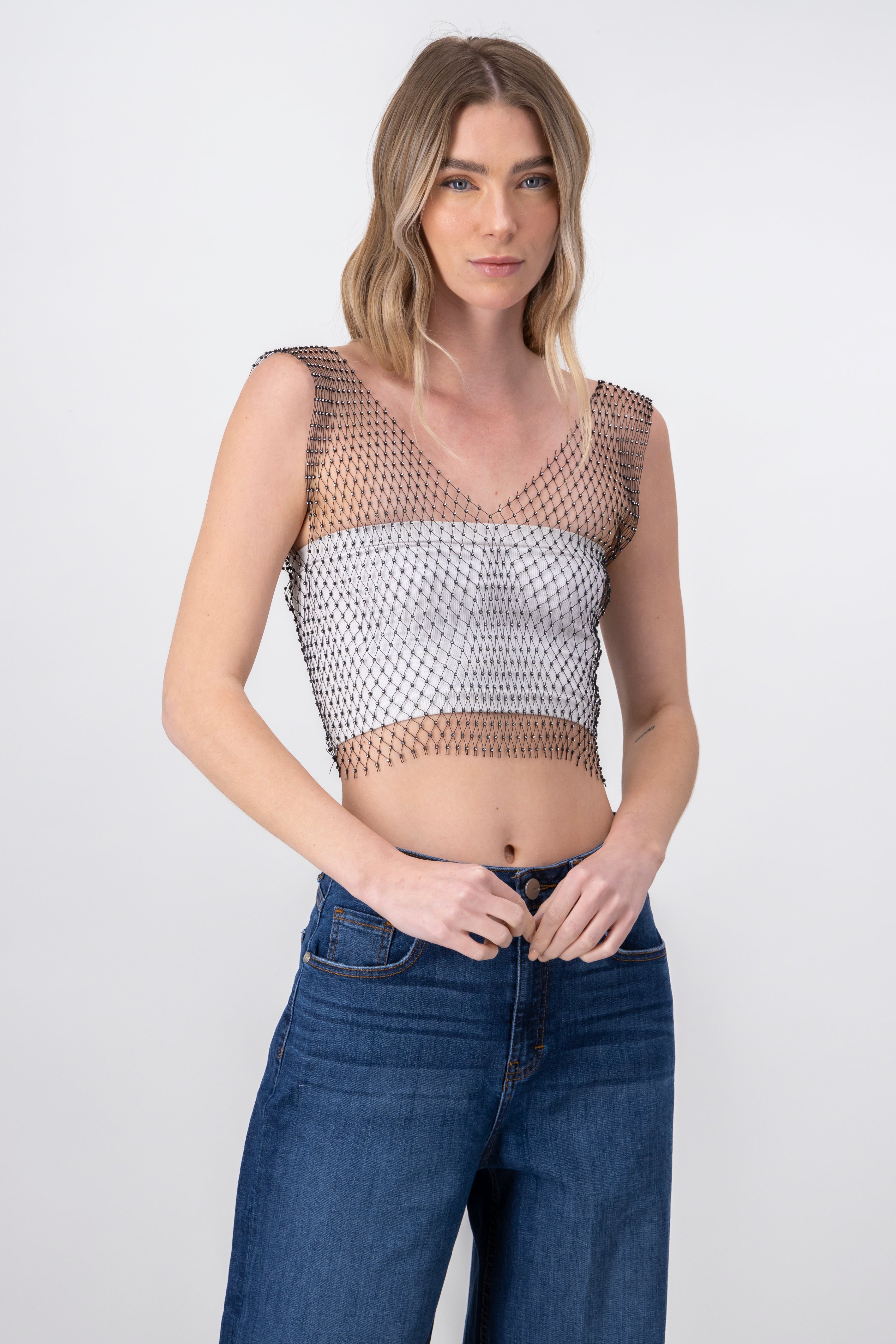 Rhinestone Mesh VNeck Top BLACK