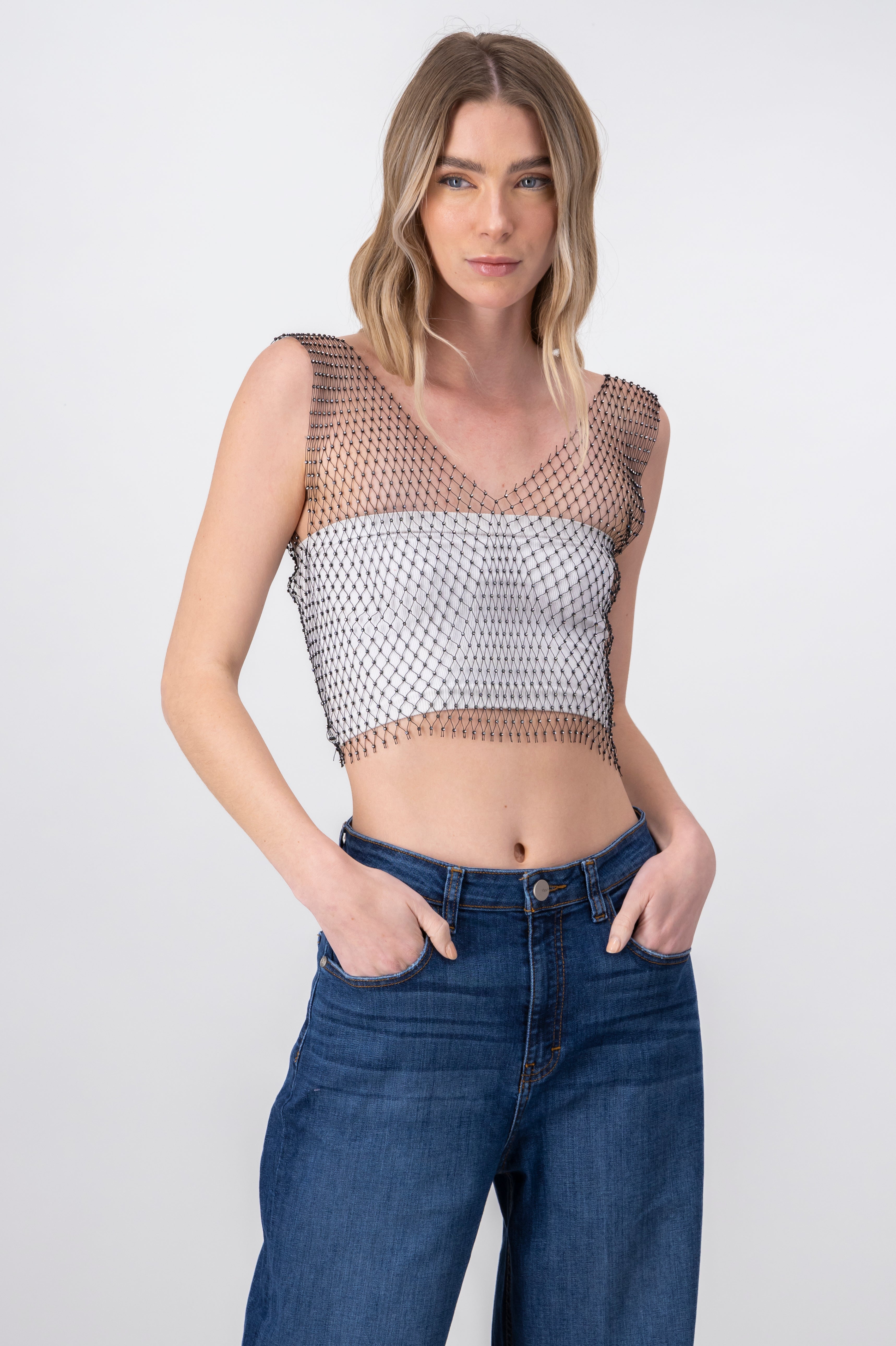 Rhinestone Mesh VNeck Top BLACK